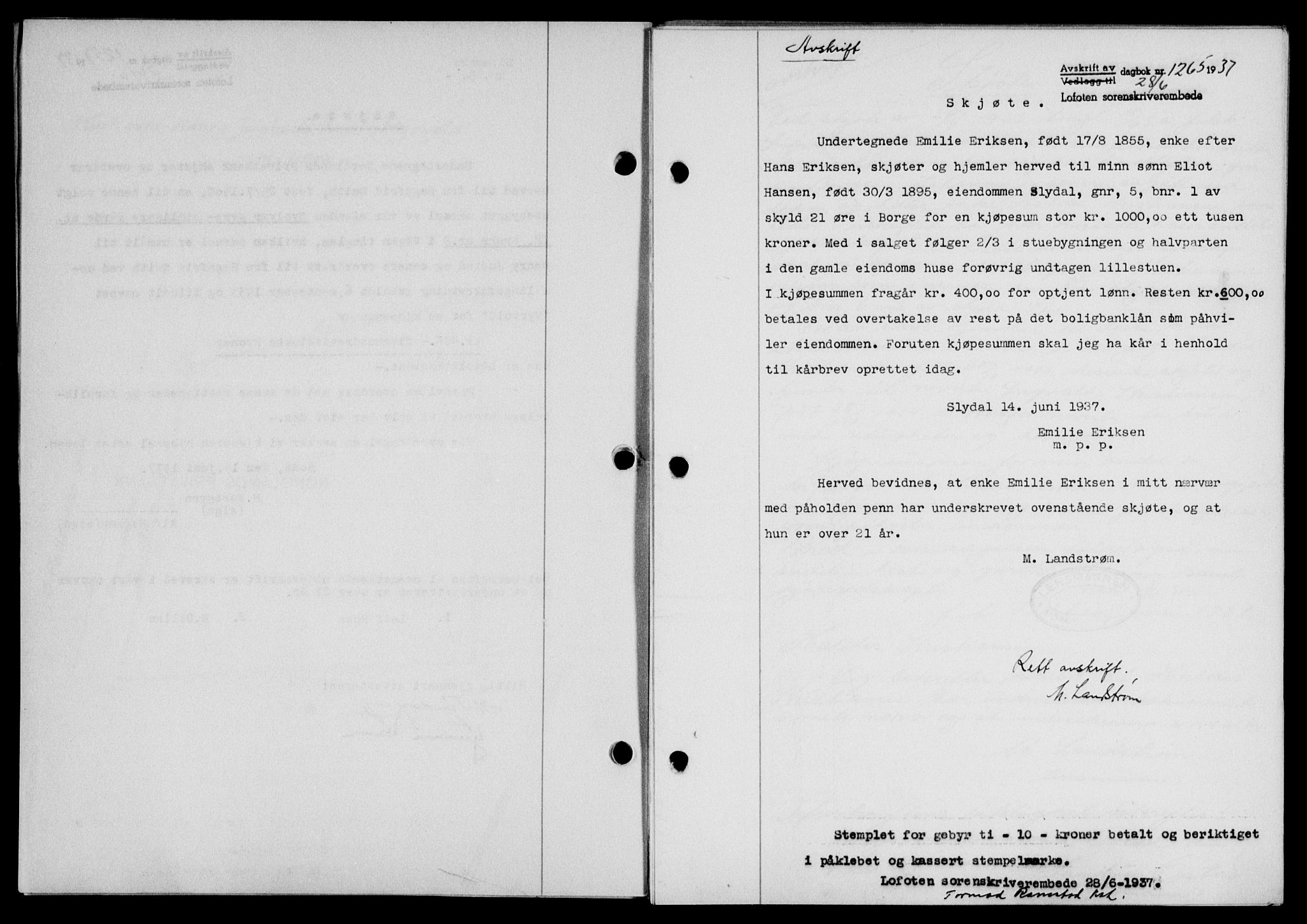 Lofoten sorenskriveri, SAT/A-0017/1/2/2C/L0002a: Mortgage book no. 2a, 1937-1937, Diary no: : 1265/1937