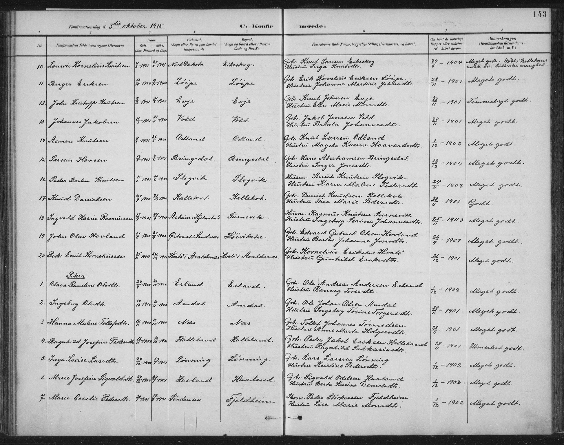 Tysvær sokneprestkontor, AV/SAST-A -101864/H/Ha/Haa/L0008: Parish register (official) no. A 8, 1897-1918, p. 143