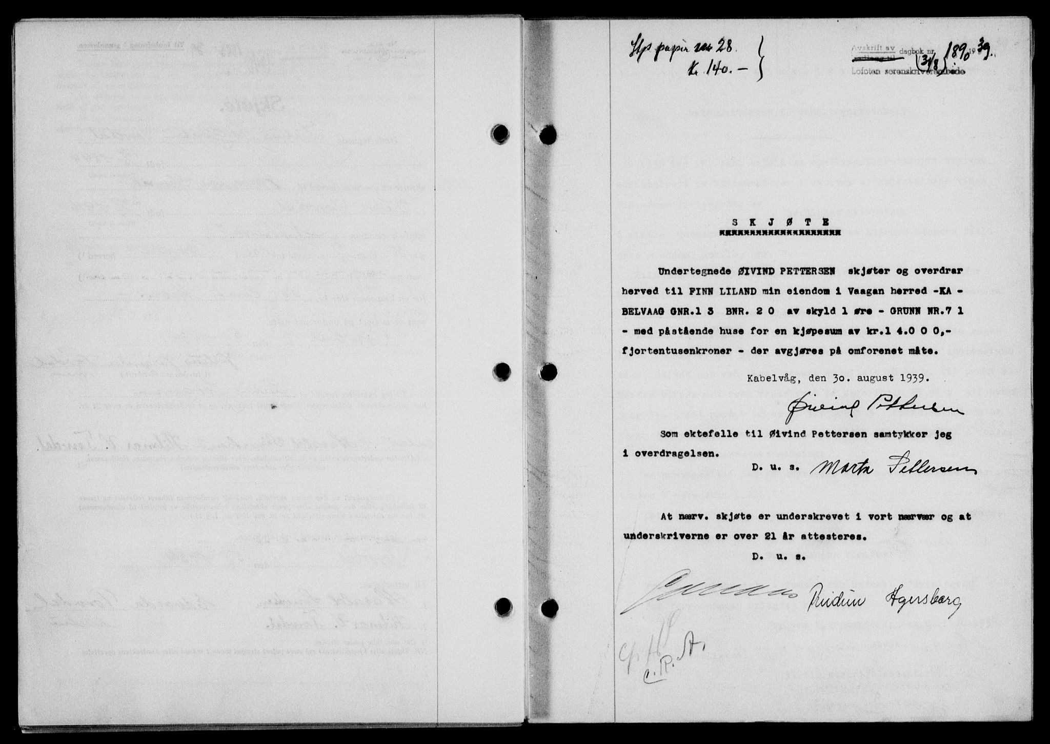 Lofoten sorenskriveri, SAT/A-0017/1/2/2C/L0006a: Mortgage book no. 6a, 1939-1939, Diary no: : 1890/1939