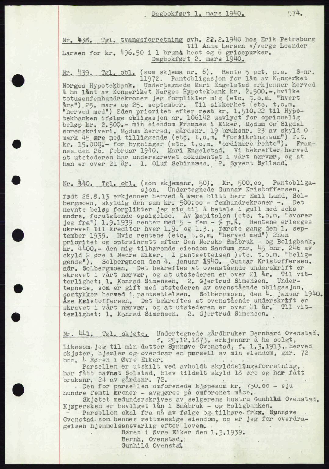 Eiker, Modum og Sigdal sorenskriveri, SAKO/A-123/G/Ga/Gab/L0041: Mortgage book no. A11, 1939-1940, Diary no: : 438/1940