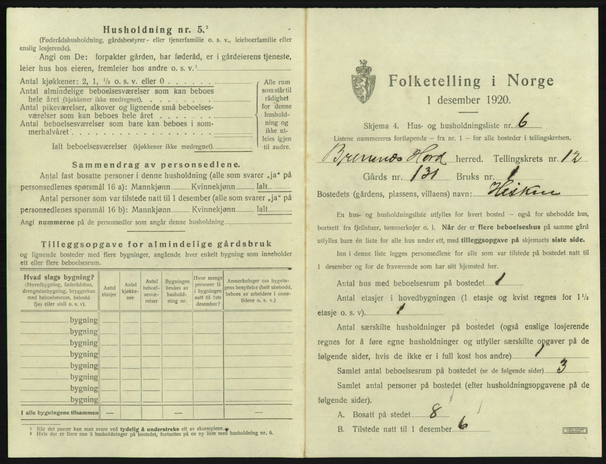 SAB, 1920 census for Bremnes, 1920, p. 1036