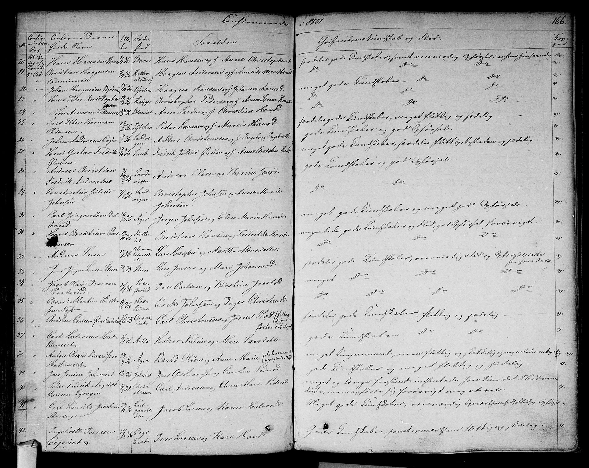 Asker prestekontor Kirkebøker, SAO/A-10256a/F/Fa/L0009: Parish register (official) no. I 9, 1825-1878, p. 166