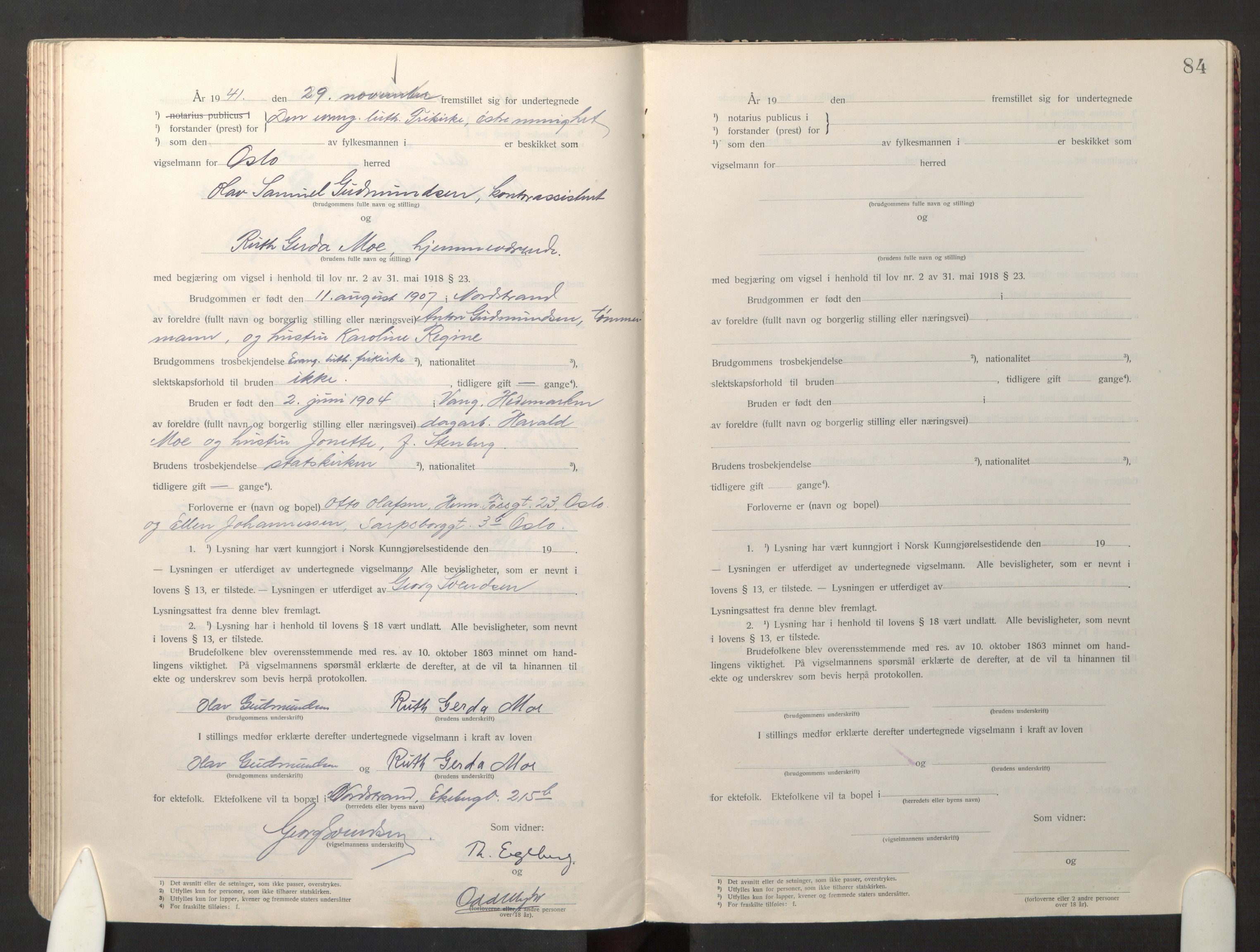 Den evangelisk-lutherske frikirke østre menighet, Oslo, AV/SAO-PAO-0245/F/L0005: Marriage register (dissenter) no. 5, 1920-1941, p. 84