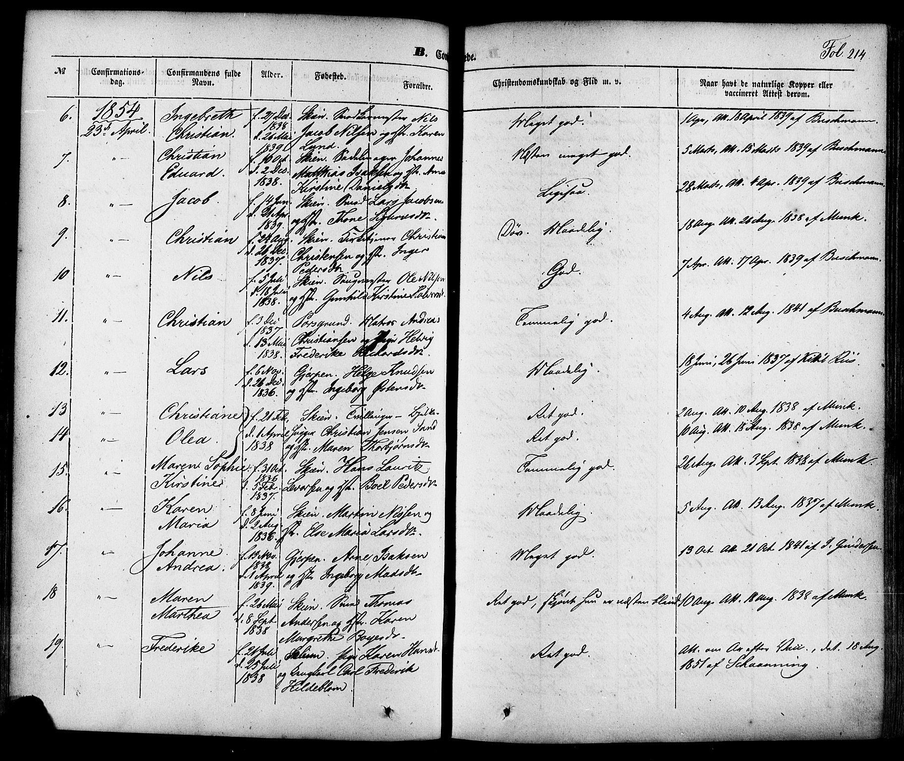 Skien kirkebøker, SAKO/A-302/F/Fa/L0006a: Parish register (official) no. 6A, 1843-1856, p. 214