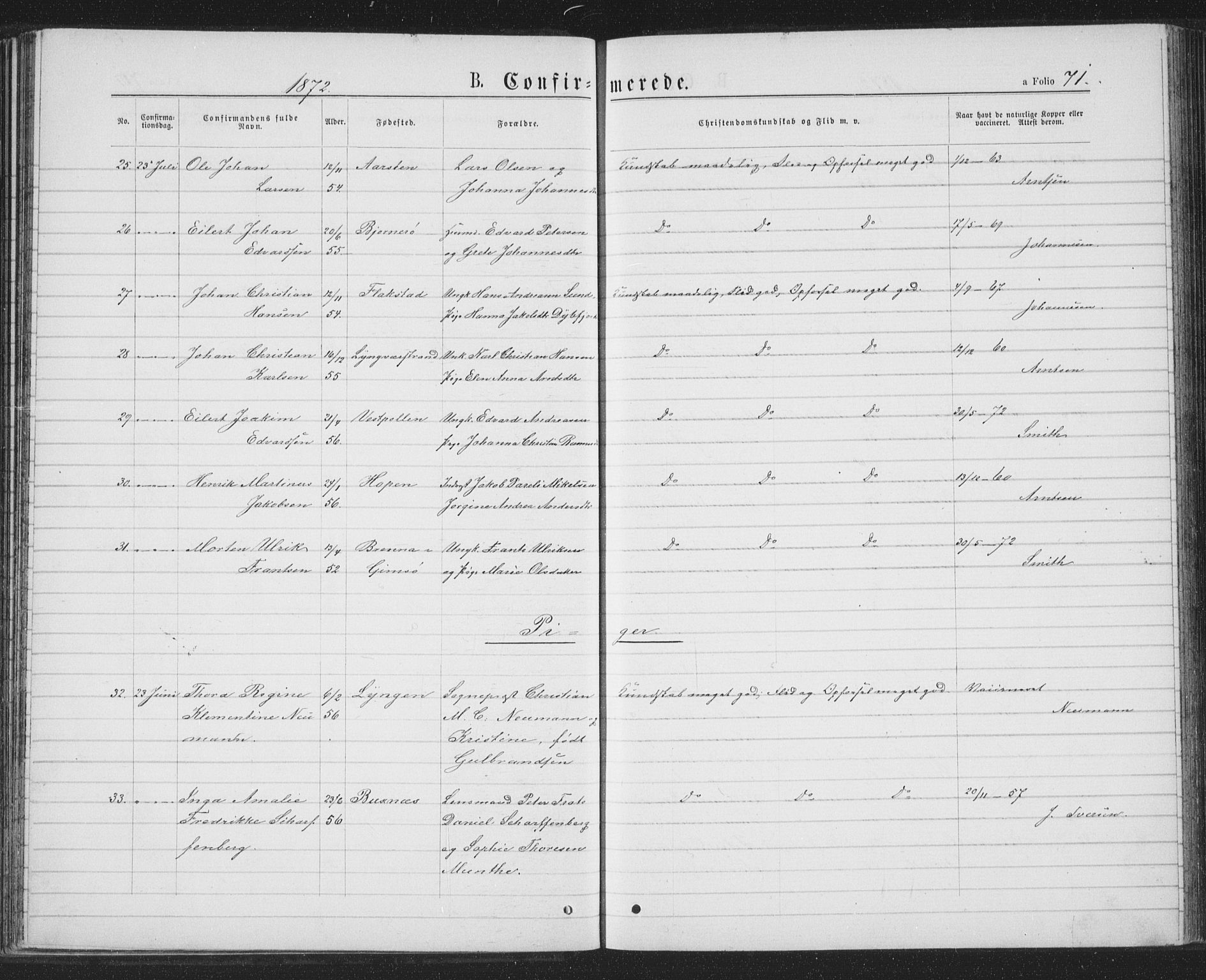 Ministerialprotokoller, klokkerbøker og fødselsregistre - Nordland, AV/SAT-A-1459/874/L1074: Parish register (copy) no. 874C03, 1870-1876, p. 71