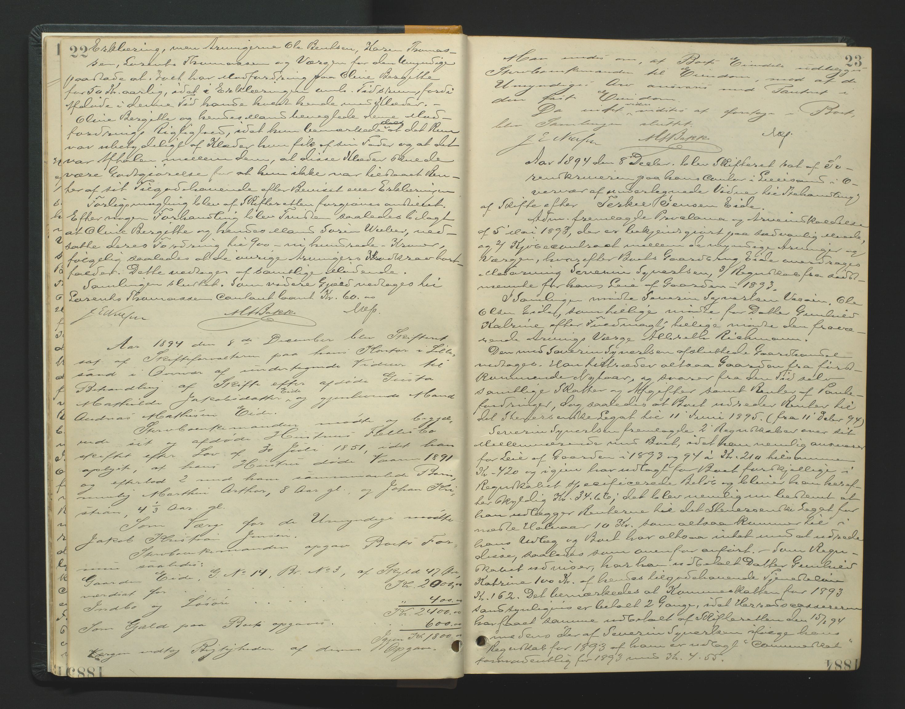 Vestre Nedenes/Sand sorenskriveri, AV/SAK-1221-0010/H/Hc/L0007: Skifteforhandlingsprotokoll nr. 5, 1894-1916, p. 22-23