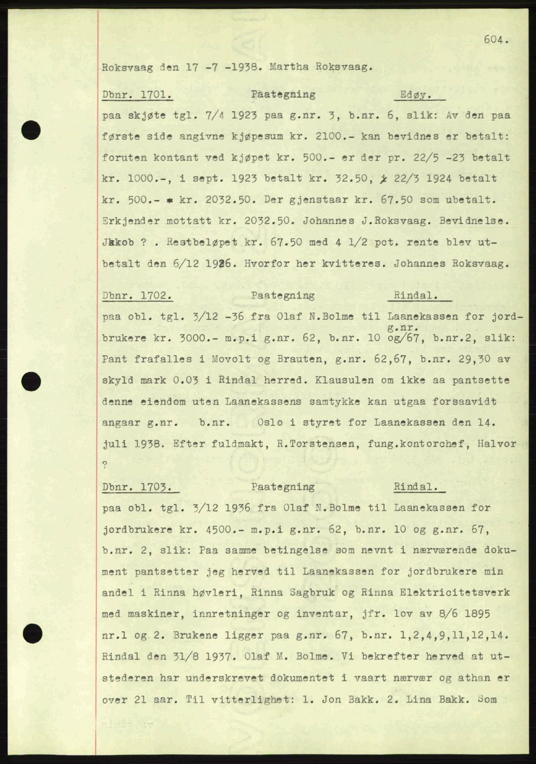 Nordmøre sorenskriveri, AV/SAT-A-4132/1/2/2Ca: Mortgage book no. C80, 1936-1939, Diary no: : 1701/1938