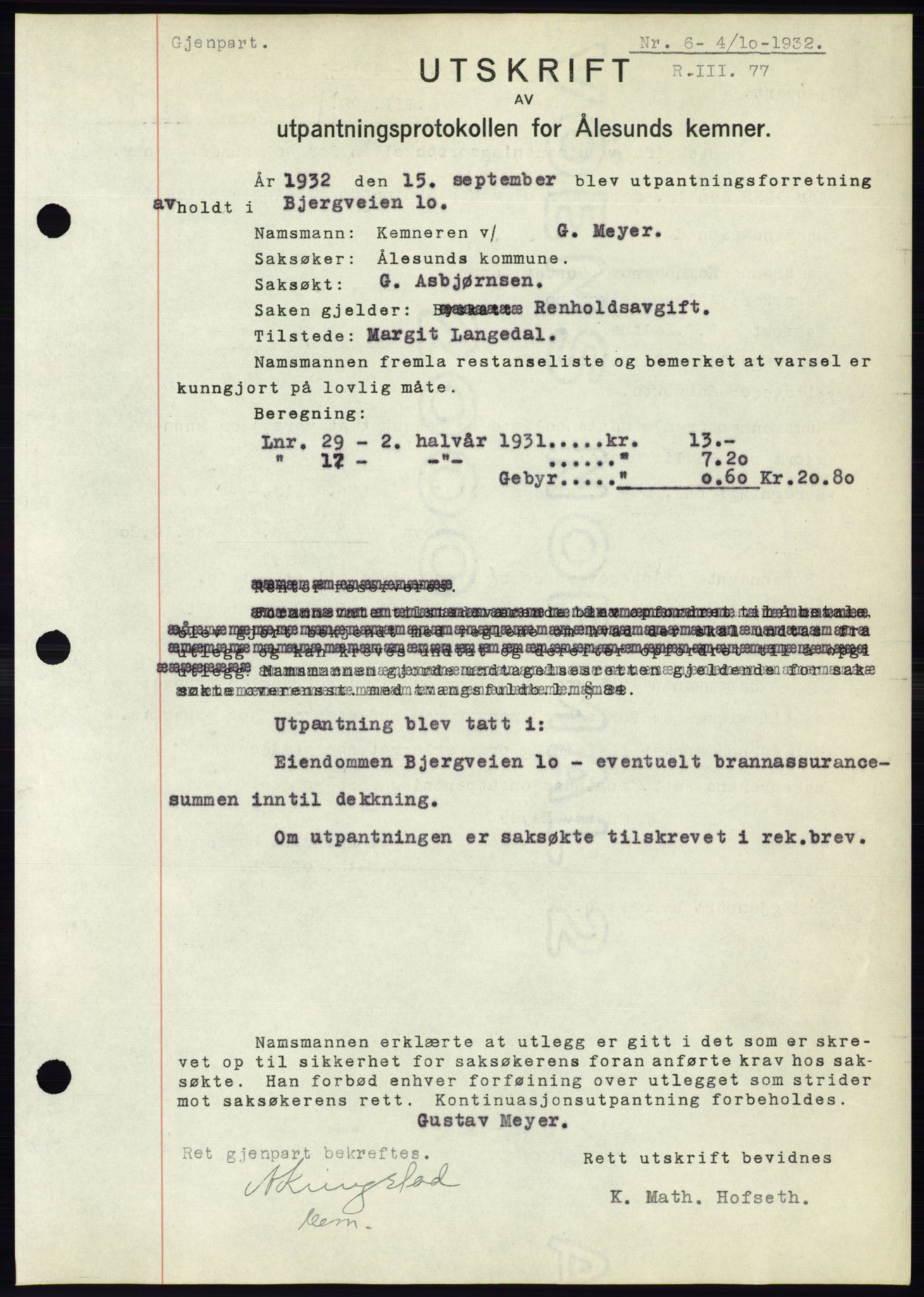 Ålesund byfogd, AV/SAT-A-4384: Mortgage book no. 30, 1932-1933, Deed date: 04.10.1932