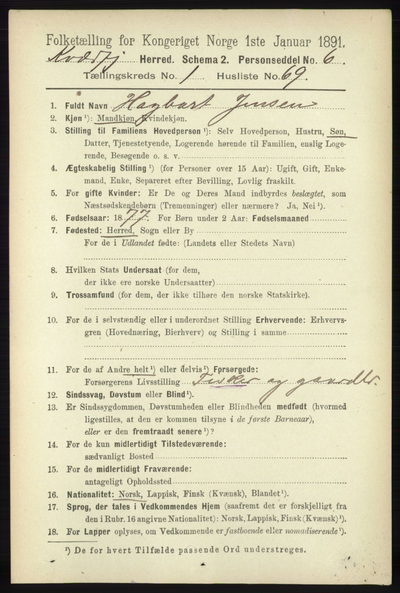 RA, 1891 census for 1911 Kvæfjord, 1891, p. 579