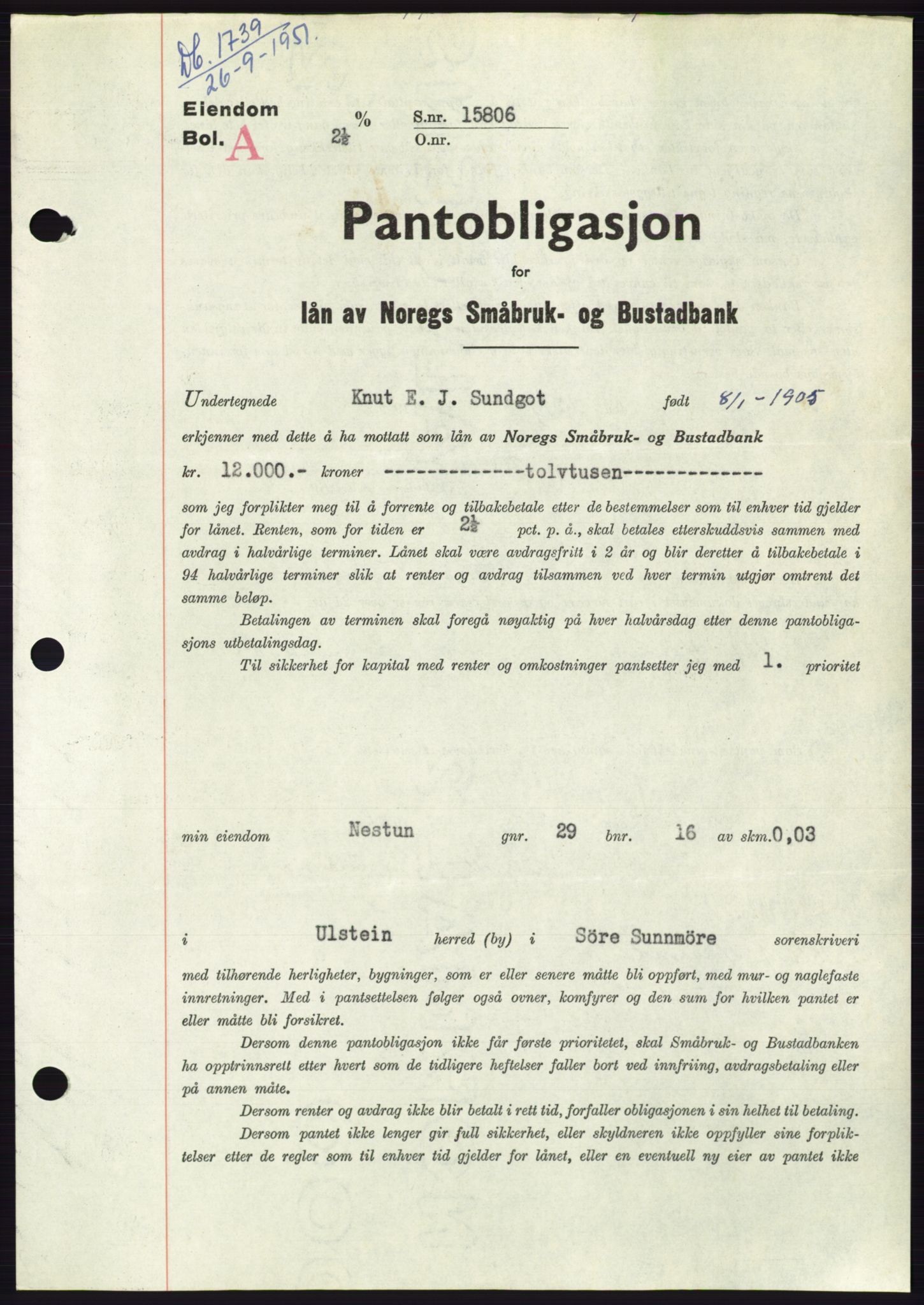 Søre Sunnmøre sorenskriveri, AV/SAT-A-4122/1/2/2C/L0120: Mortgage book no. 8B, 1951-1951, Diary no: : 1739/1951