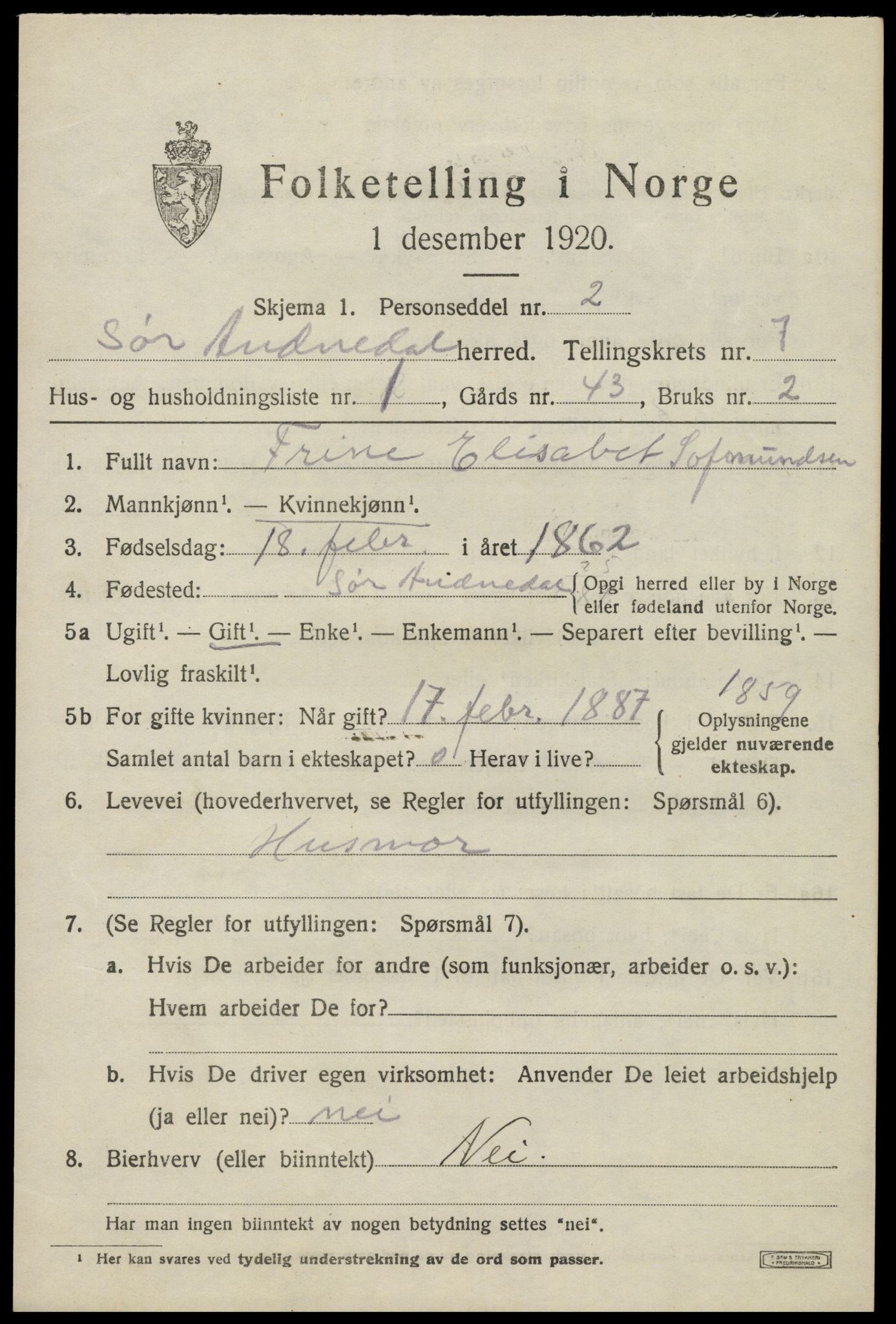 SAK, 1920 census for Sør-Audnedal, 1920, p. 2993