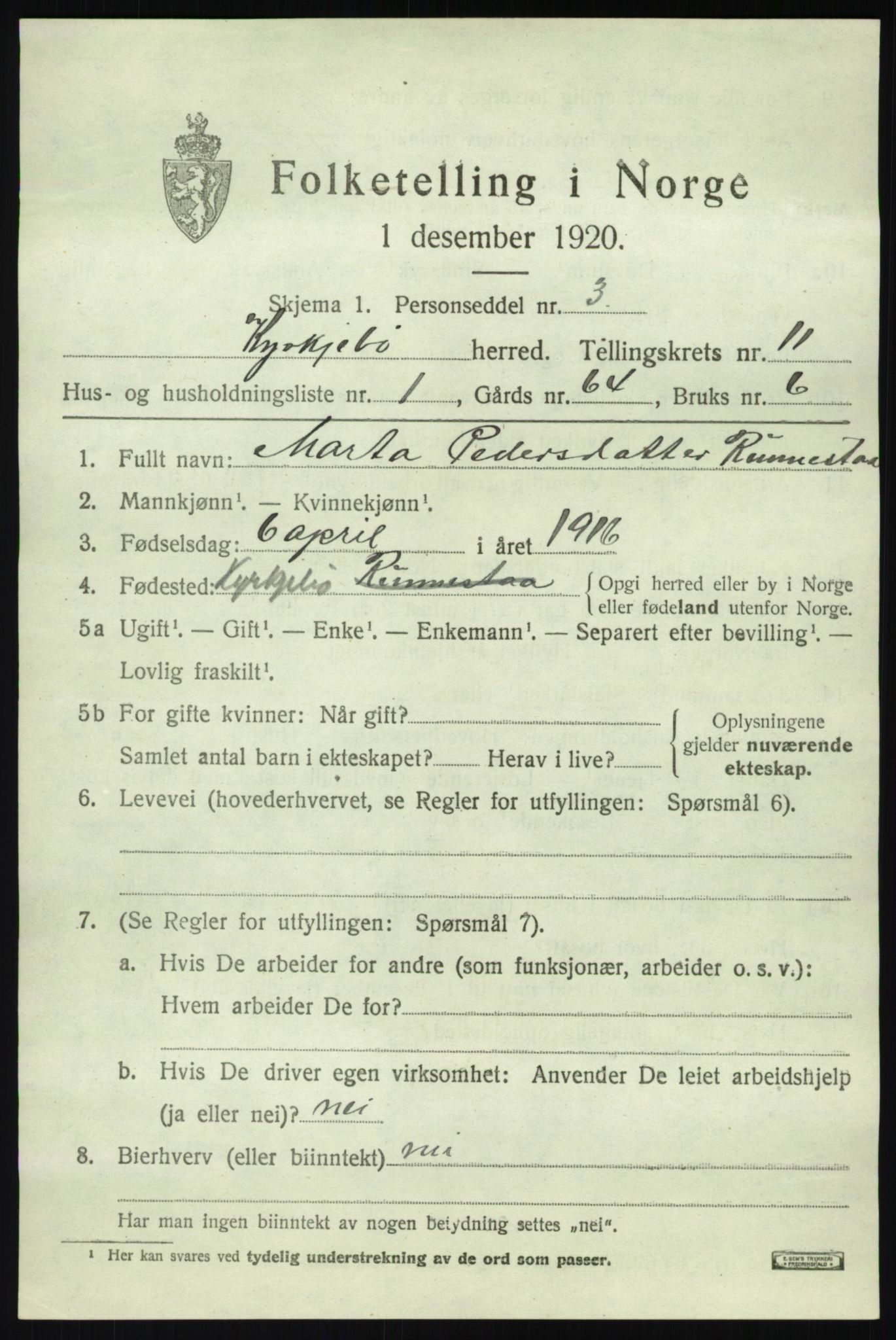 SAB, 1920 census for Kyrkjebø, 1920, p. 5719