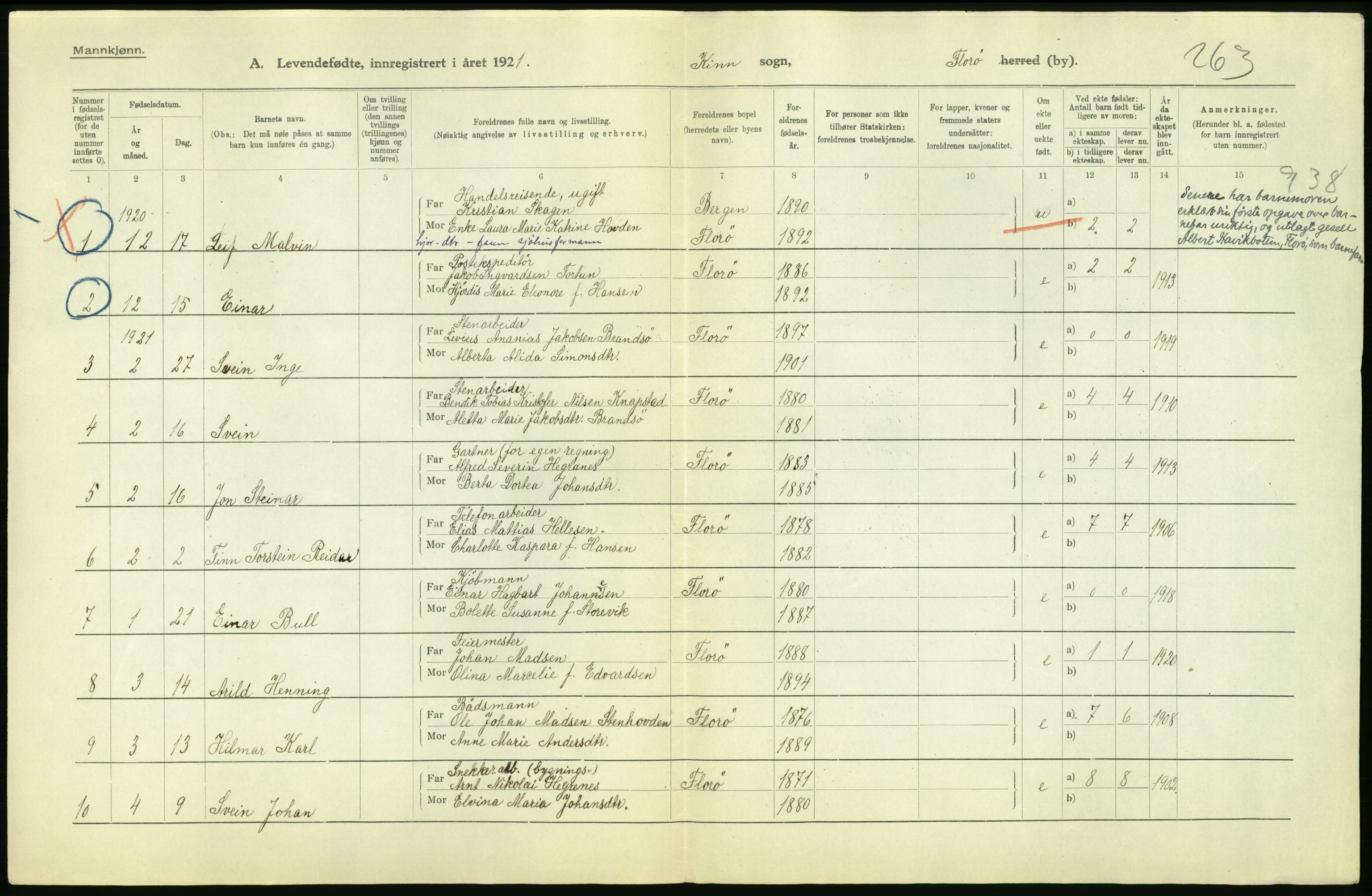 Statistisk sentralbyrå, Sosiodemografiske emner, Befolkning, AV/RA-S-2228/D/Df/Dfc/Dfca/L0039: Florø by: Levendefødte menn og kvinner, gifte, døde., 1921, p. 4