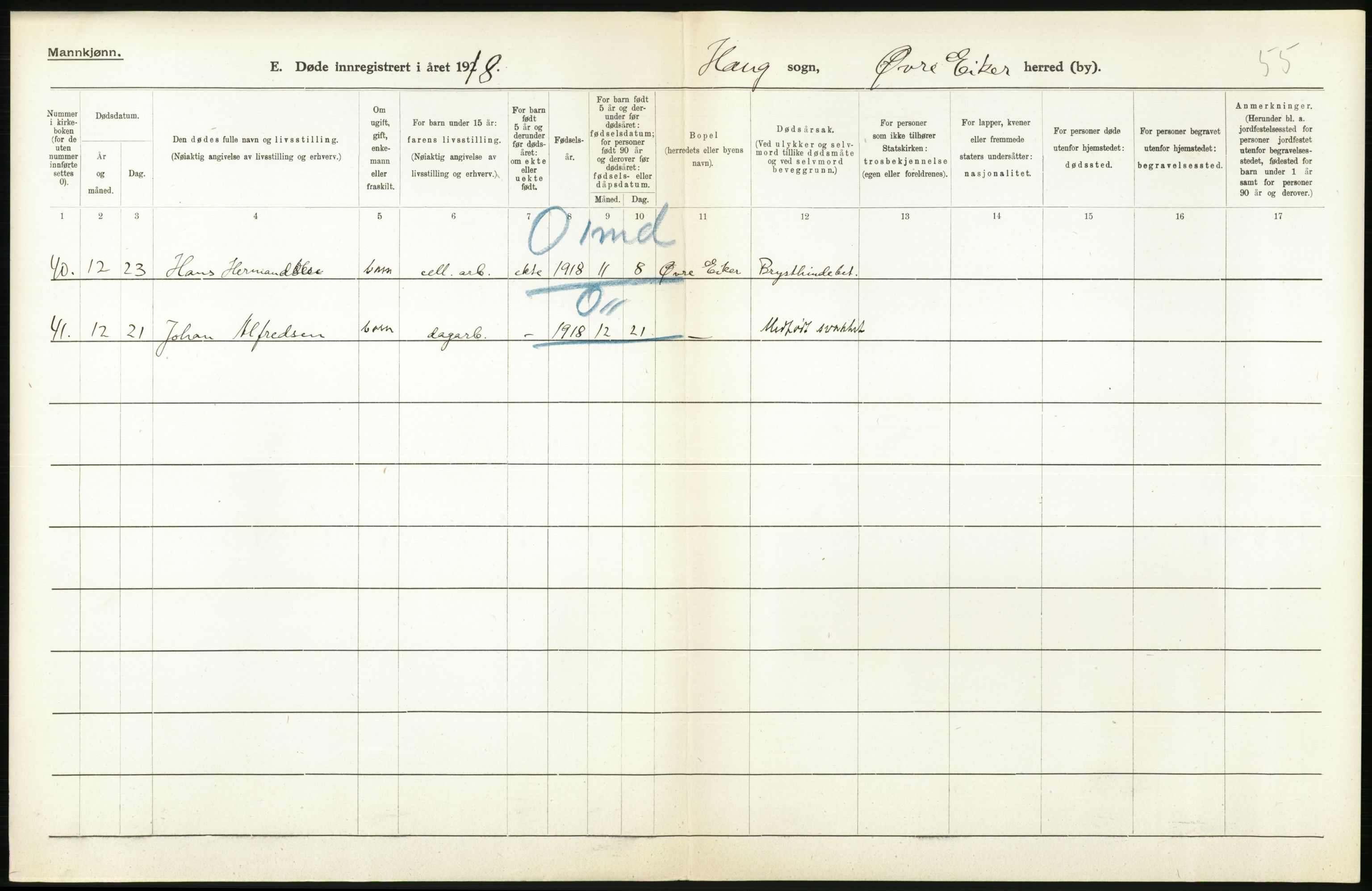 Statistisk sentralbyrå, Sosiodemografiske emner, Befolkning, AV/RA-S-2228/D/Df/Dfb/Dfbh/L0020: Buskerud fylke: Døde. Bygder og byer., 1918, p. 90