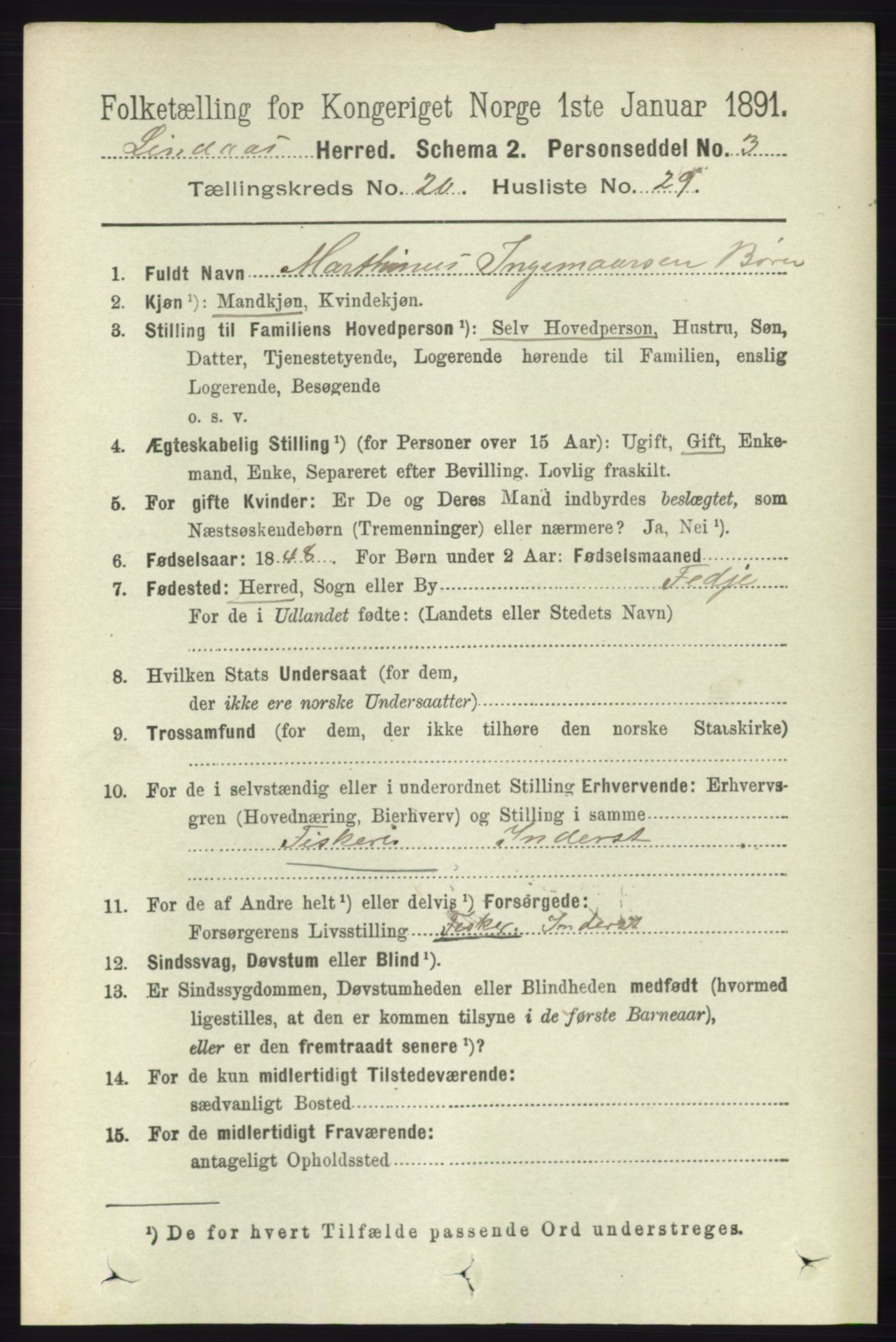 RA, 1891 census for 1263 Lindås, 1891, p. 7530