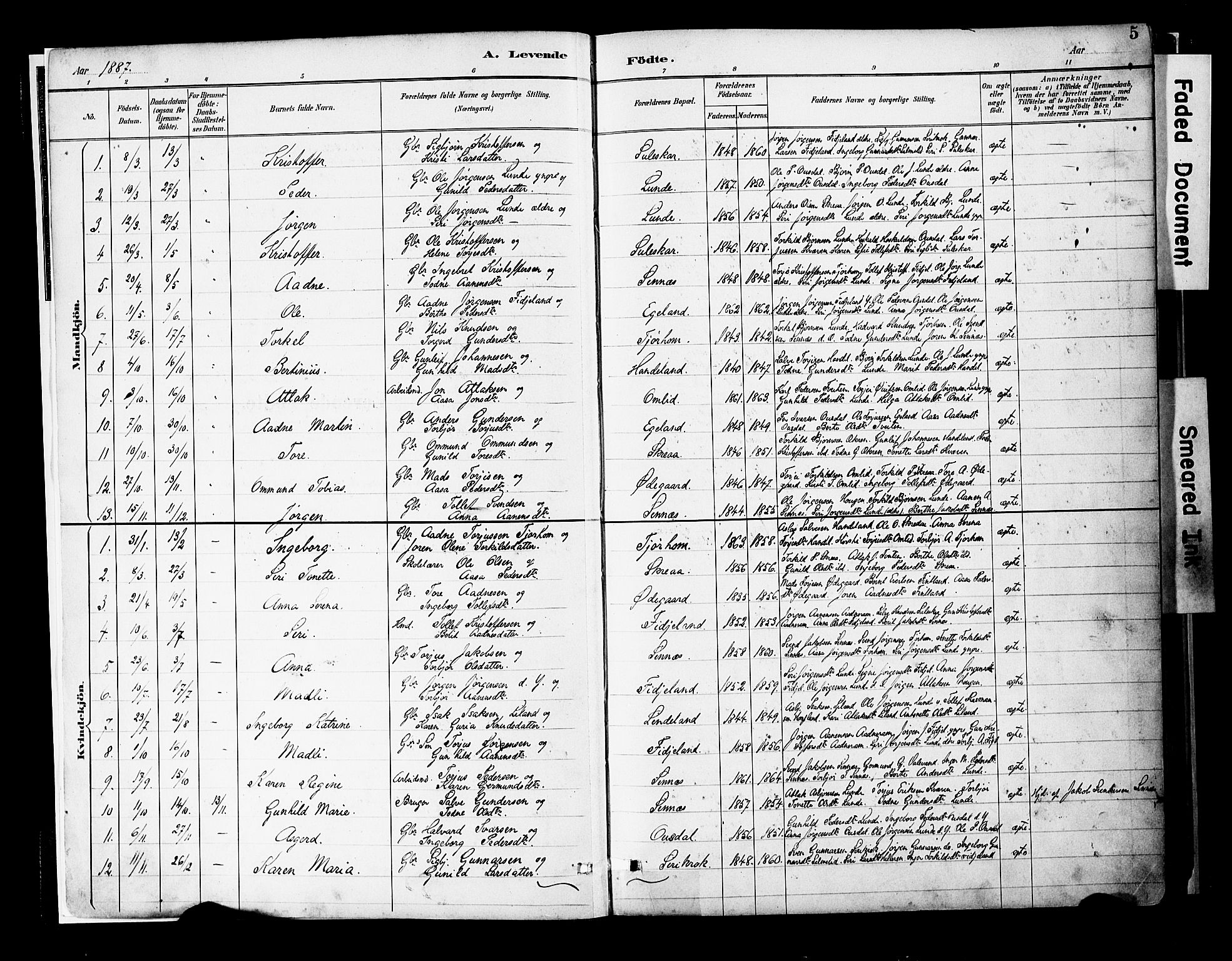Sirdal sokneprestkontor, SAK/1111-0036/F/Fa/Faa/L0001: Parish register (official) no. A 1, 1887-1910, p. 5