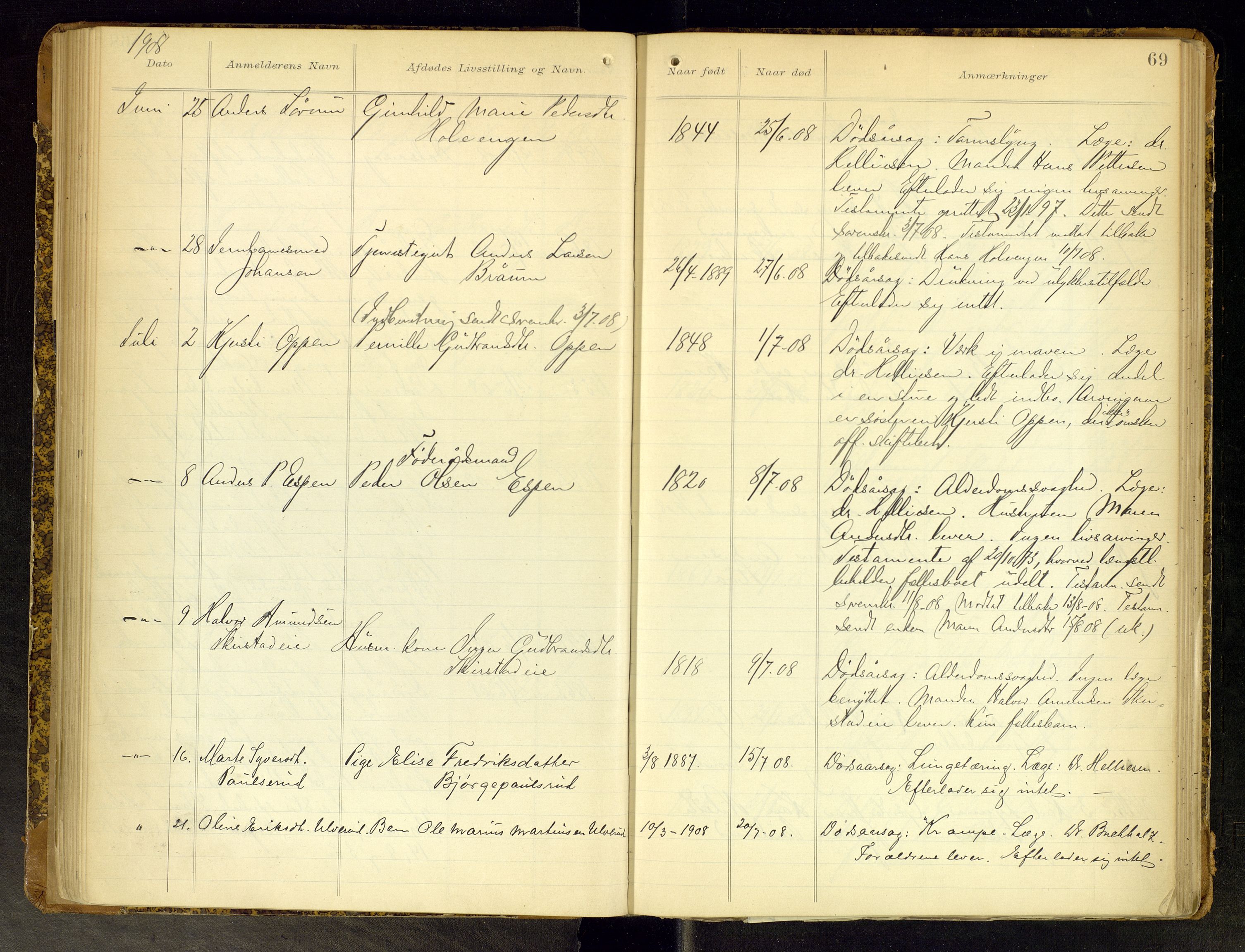 Gran lensmannskontor, AV/SAH-LOG-010/H/Ha/L0002: Dødsfallsprotokoll, 1899-1917, p. 69