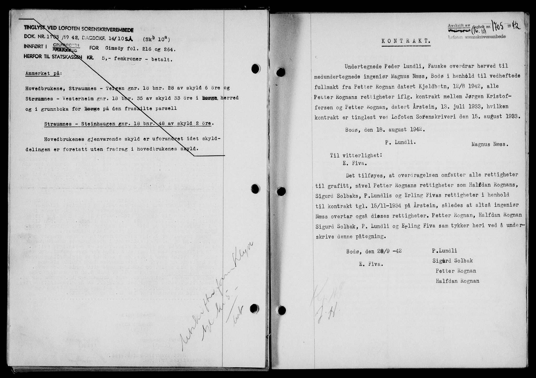 Lofoten sorenskriveri, SAT/A-0017/1/2/2C/L0010a: Mortgage book no. 10a, 1942-1943, Diary no: : 1705/1942