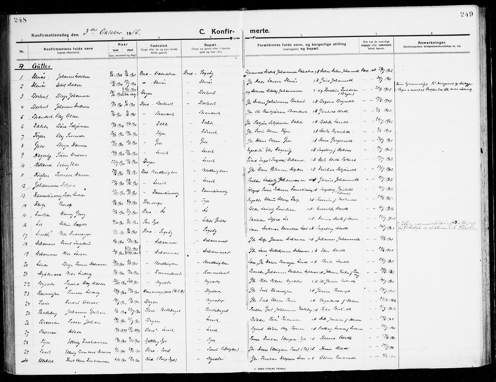 Stord sokneprestembete, AV/SAB-A-78201/H/Haa: Parish register (official) no. B 3, 1913-1925, p. 248-249