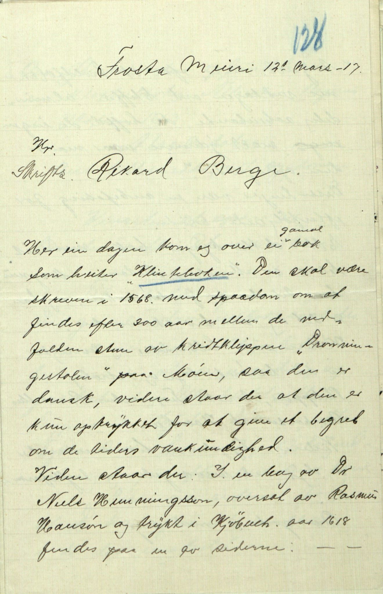 Rikard Berge, TEMU/TGM-A-1003/F/L0009/0003: 341-356 / 343 Mest brev, litt tradisjon, 1902-1925, p. 128