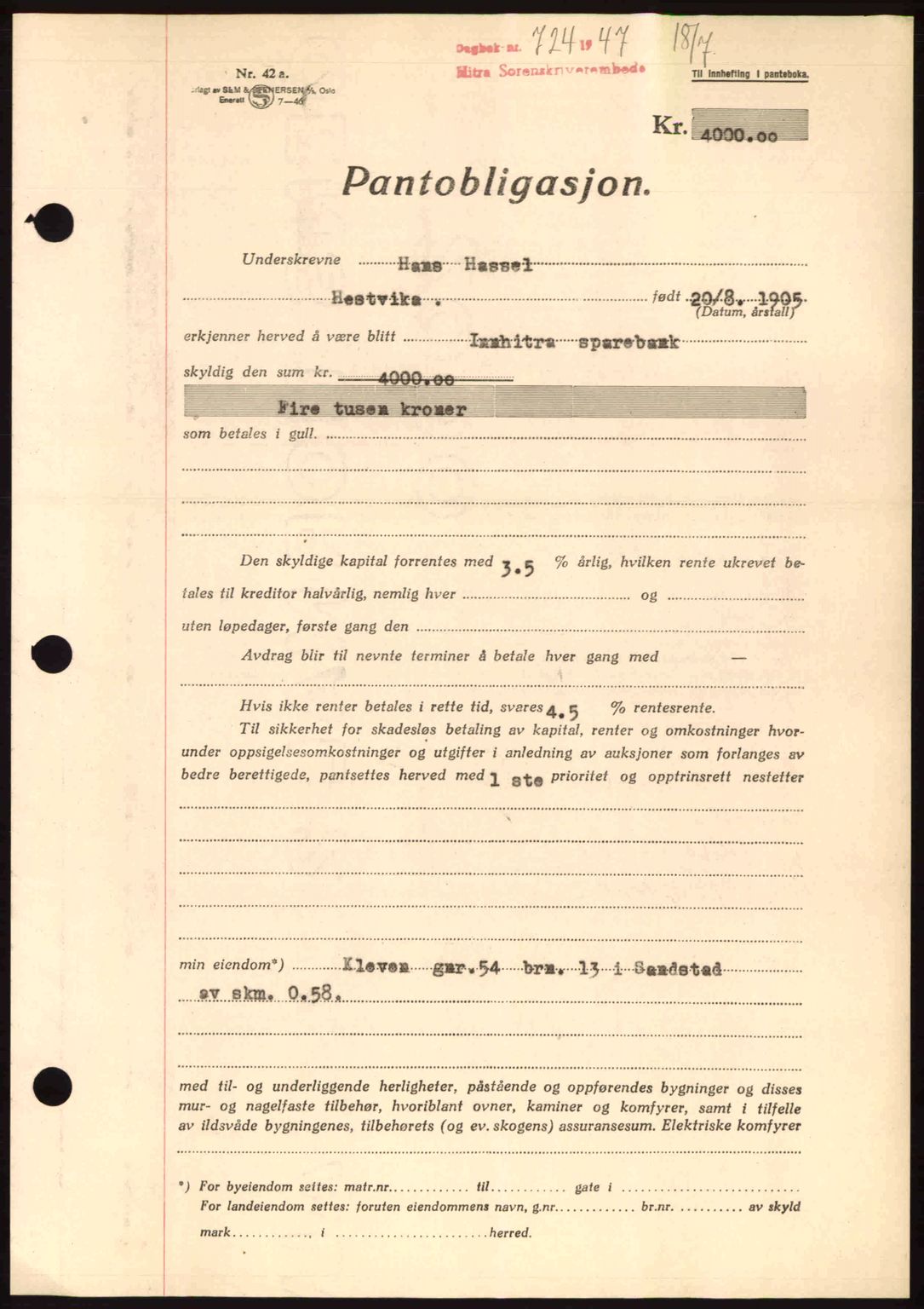 Hitra sorenskriveri, AV/SAT-A-0018/2/2C/2Ca: Mortgage book no. B1, 1939-1949, Diary no: : 724/1947