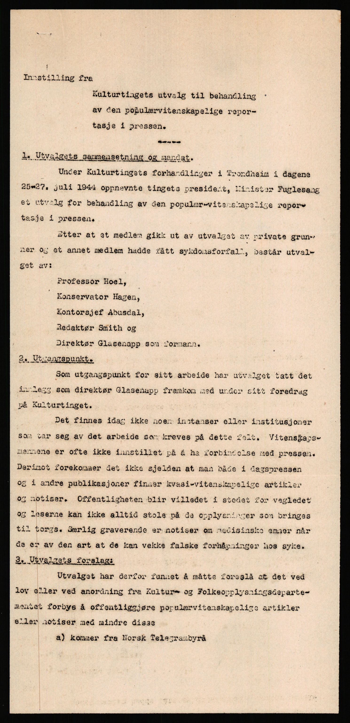 Kultur- og folkeopplysningsdepartementet, Den alminnelige avdeling. 1940-45, AV/RA-S-6010/E/Ea/L0016/0007: Sakarkiv / Kulturtingets møter 1944 i Trondheim, 1943-1945, p. 15