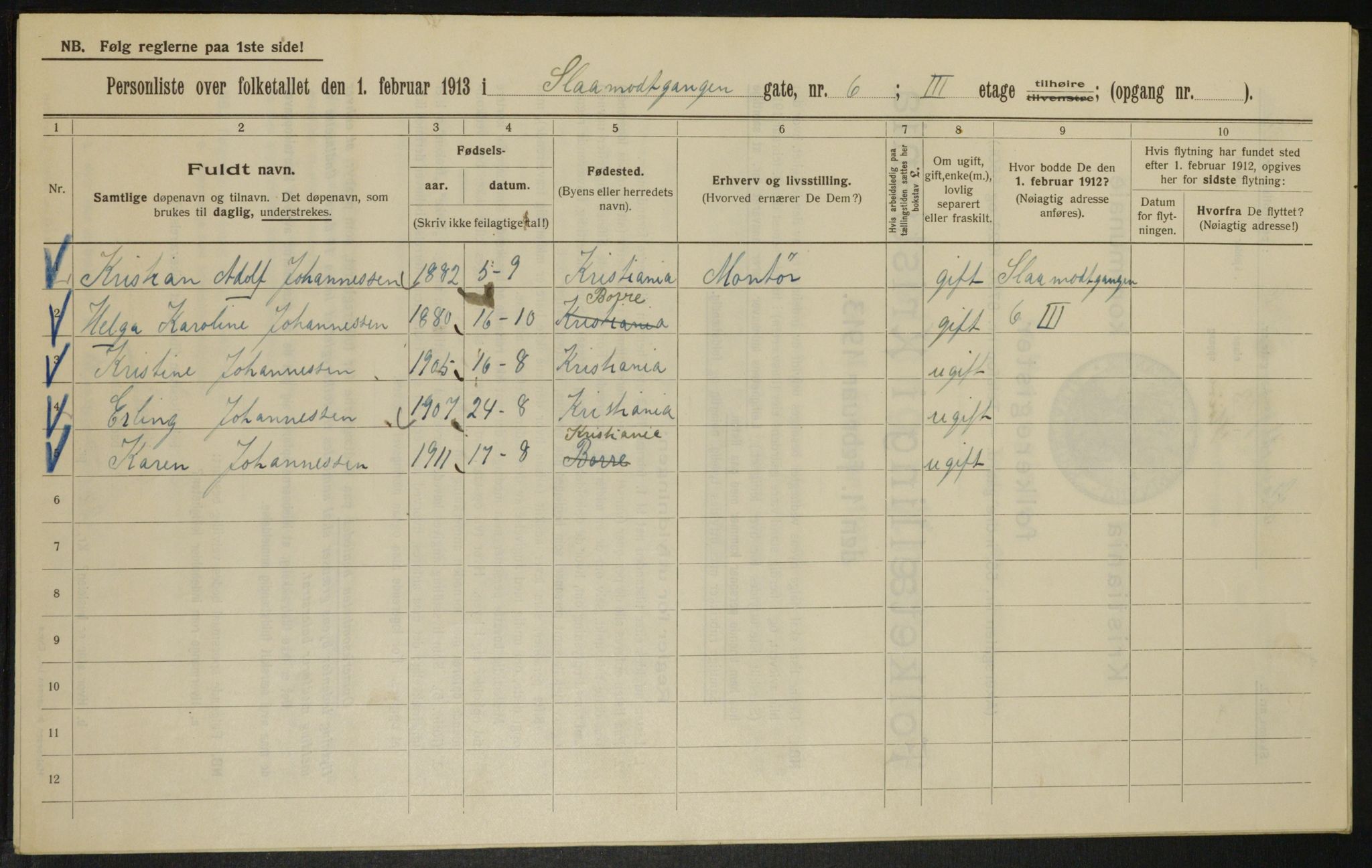 OBA, Municipal Census 1913 for Kristiania, 1913, p. 96958