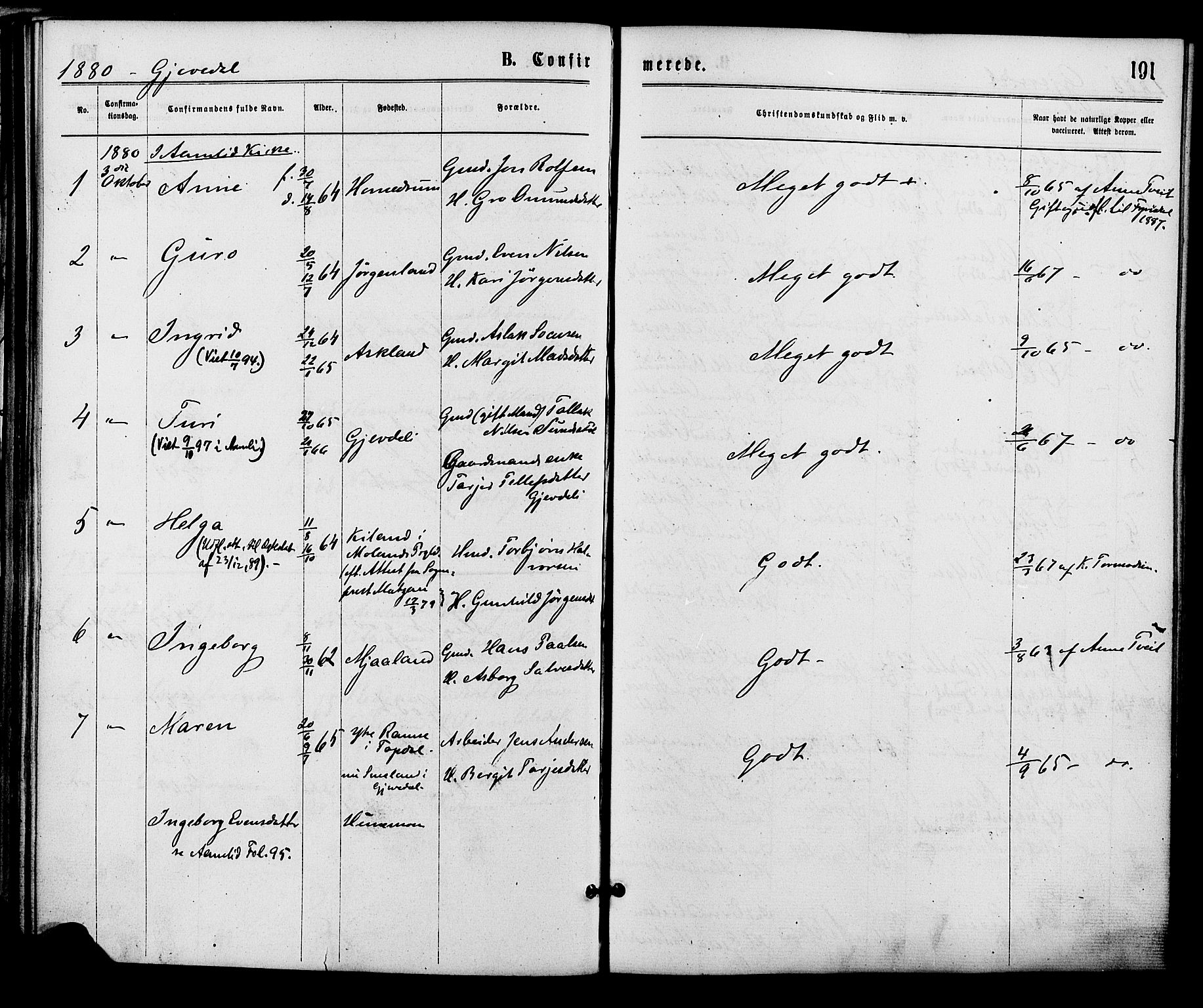 Åmli sokneprestkontor, AV/SAK-1111-0050/F/Fa/Fac/L0009: Parish register (official) no. A 9 /2, 1869-1884, p. 191