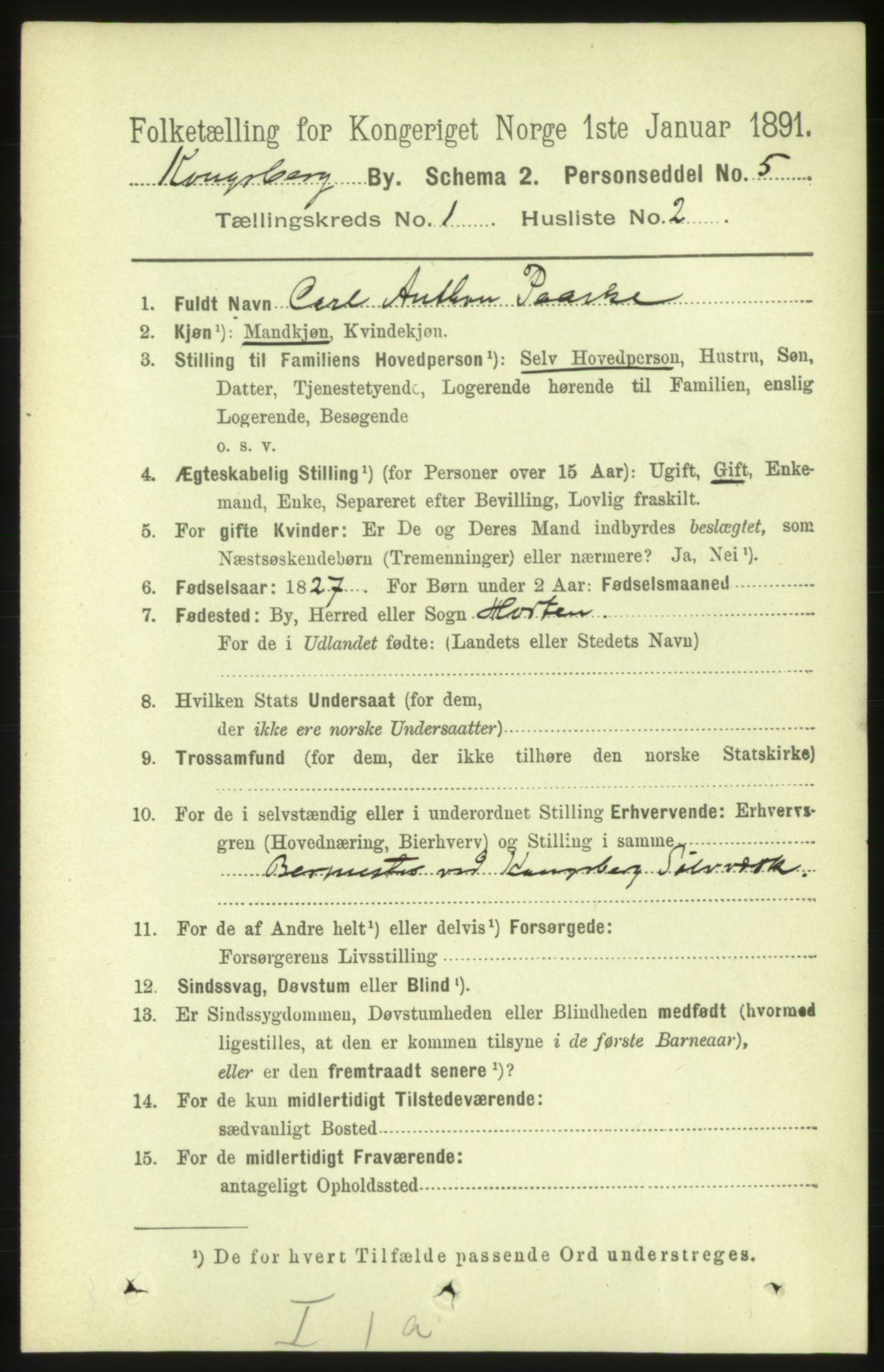 RA, 1891 census for 0604 Kongsberg, 1891, p. 1598