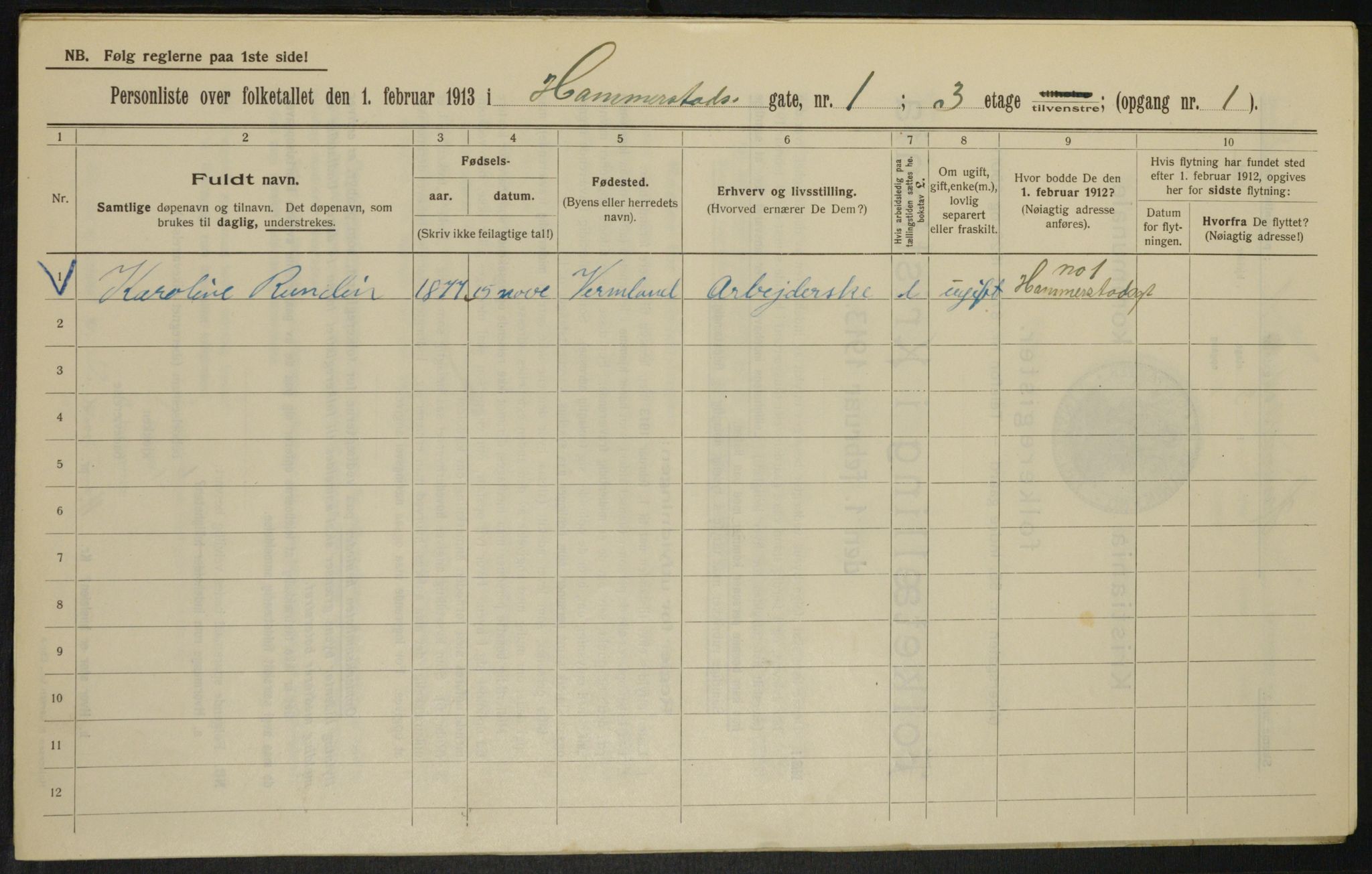 OBA, Municipal Census 1913 for Kristiania, 1913, p. 34584