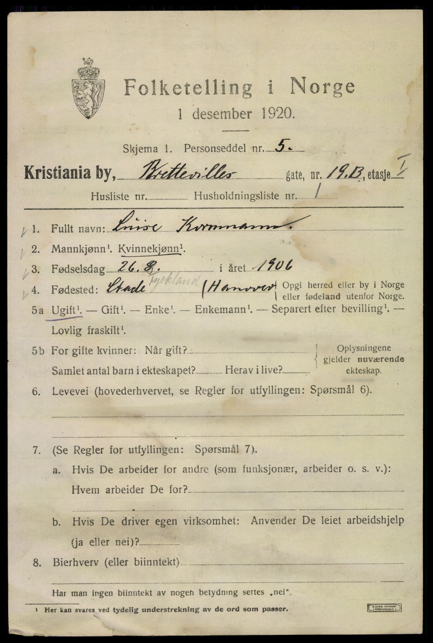 SAO, 1920 census for Kristiania, 1920, p. 171787