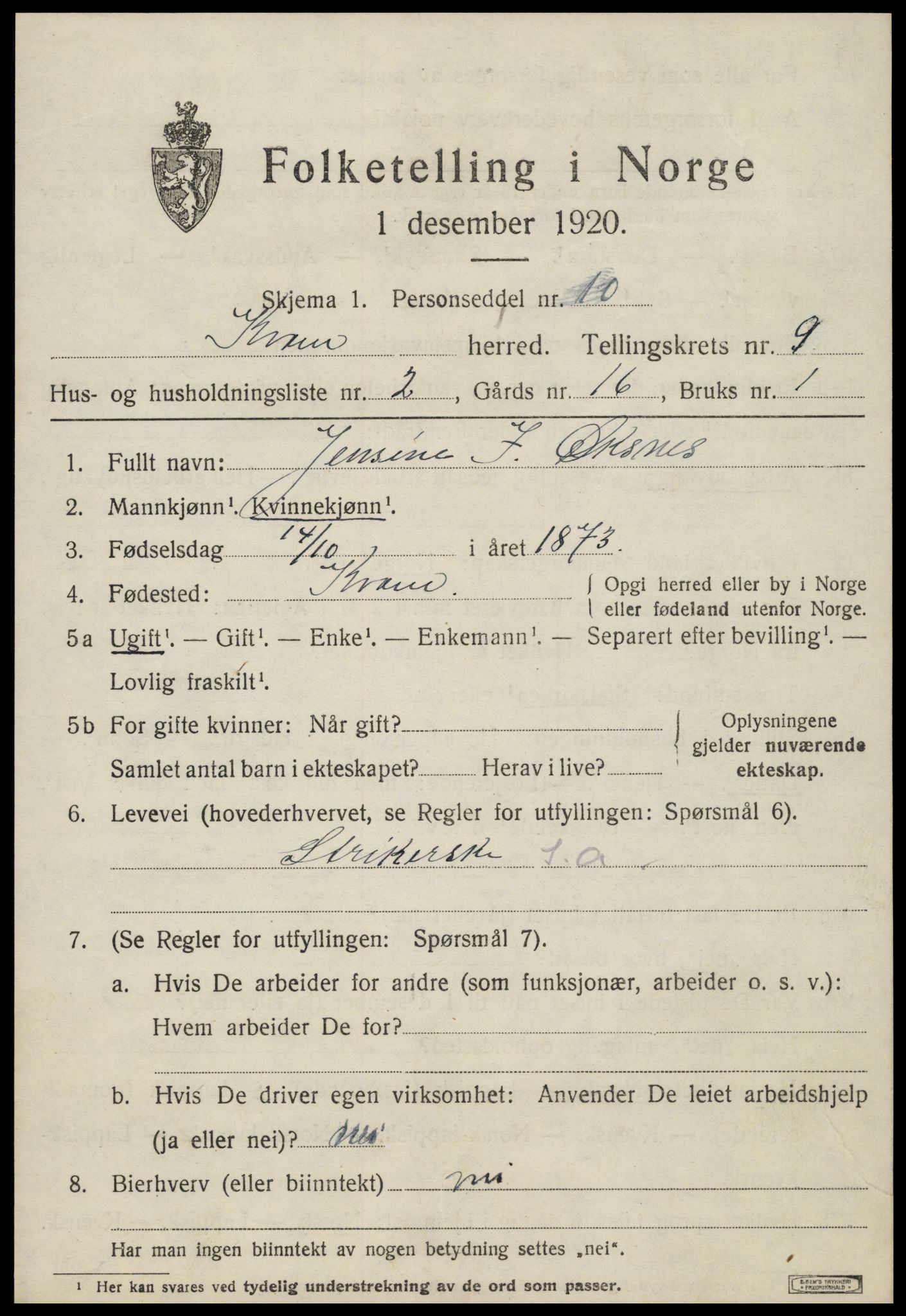 SAT, 1920 census for Kvam, 1920, p. 2359