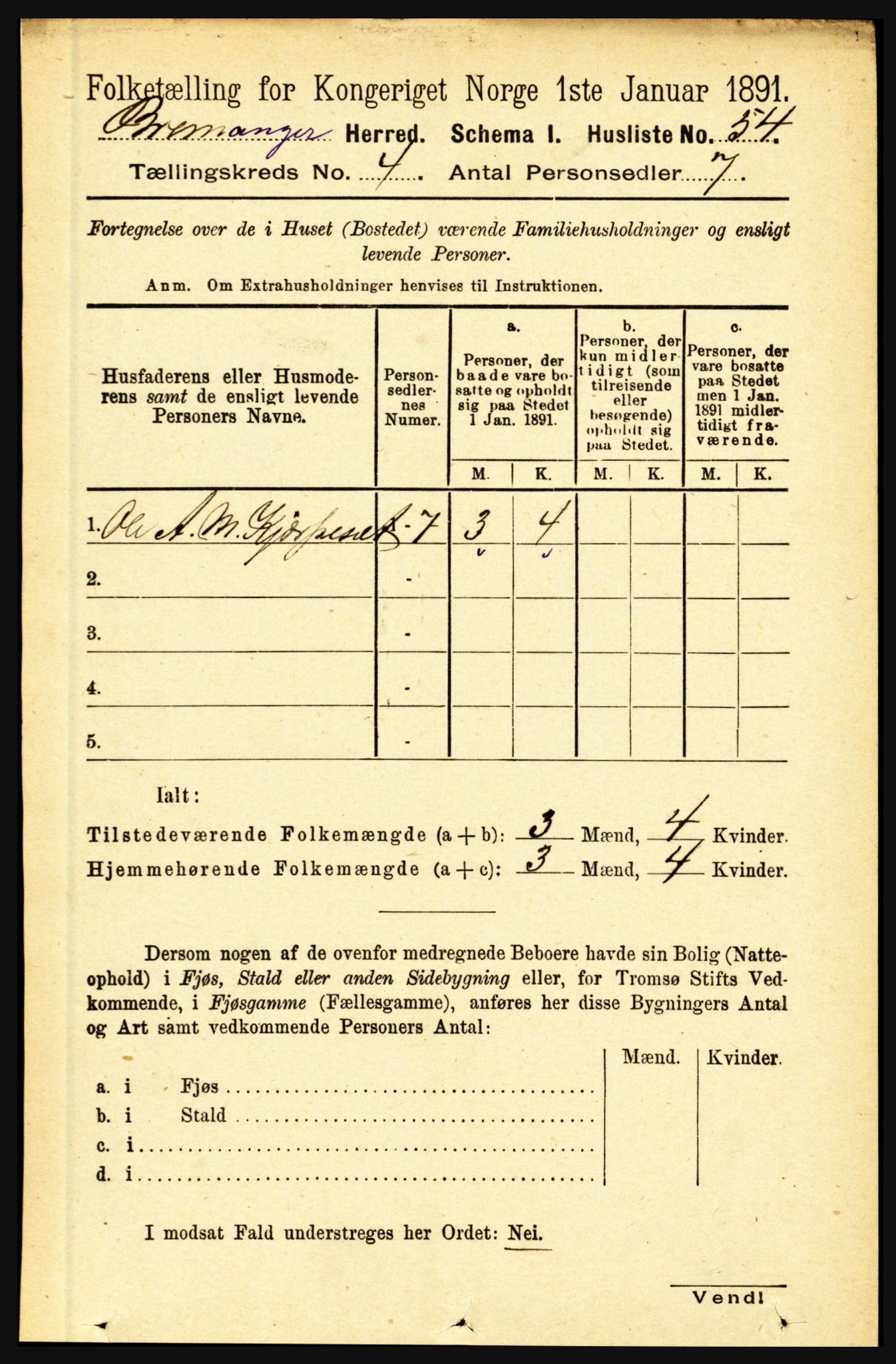 RA, 1891 census for 1438 Bremanger, 1891, p. 1500