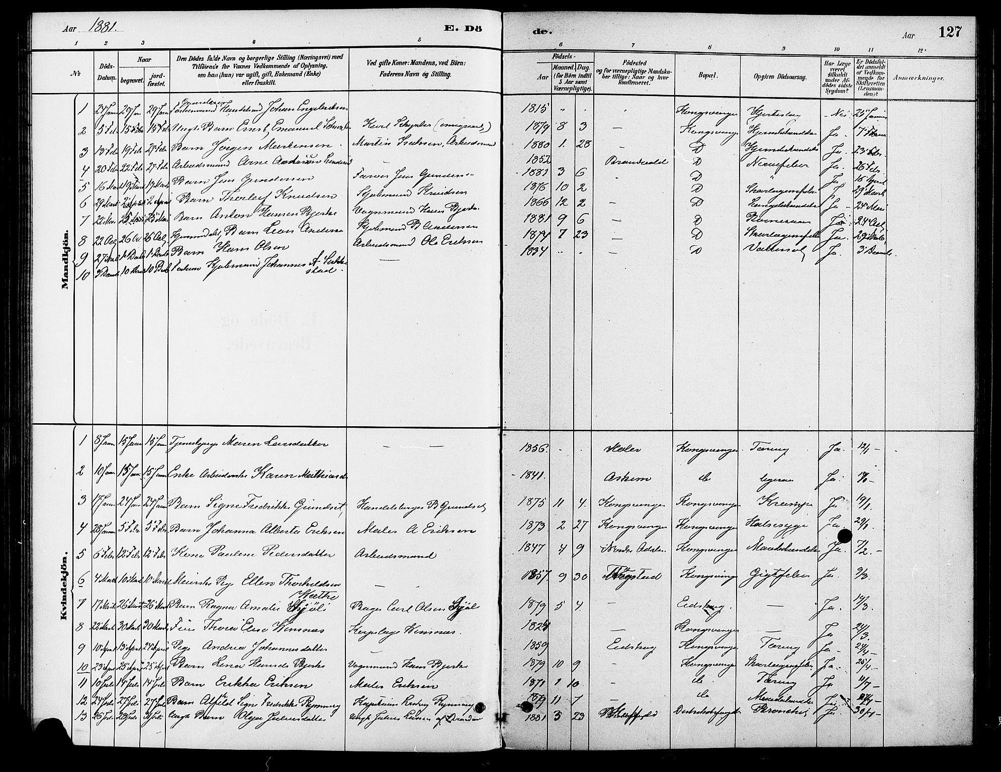 Vinger prestekontor, SAH/PREST-024/H/Ha/Haa/L0013: Parish register (official) no. 13, 1881-1897, p. 127