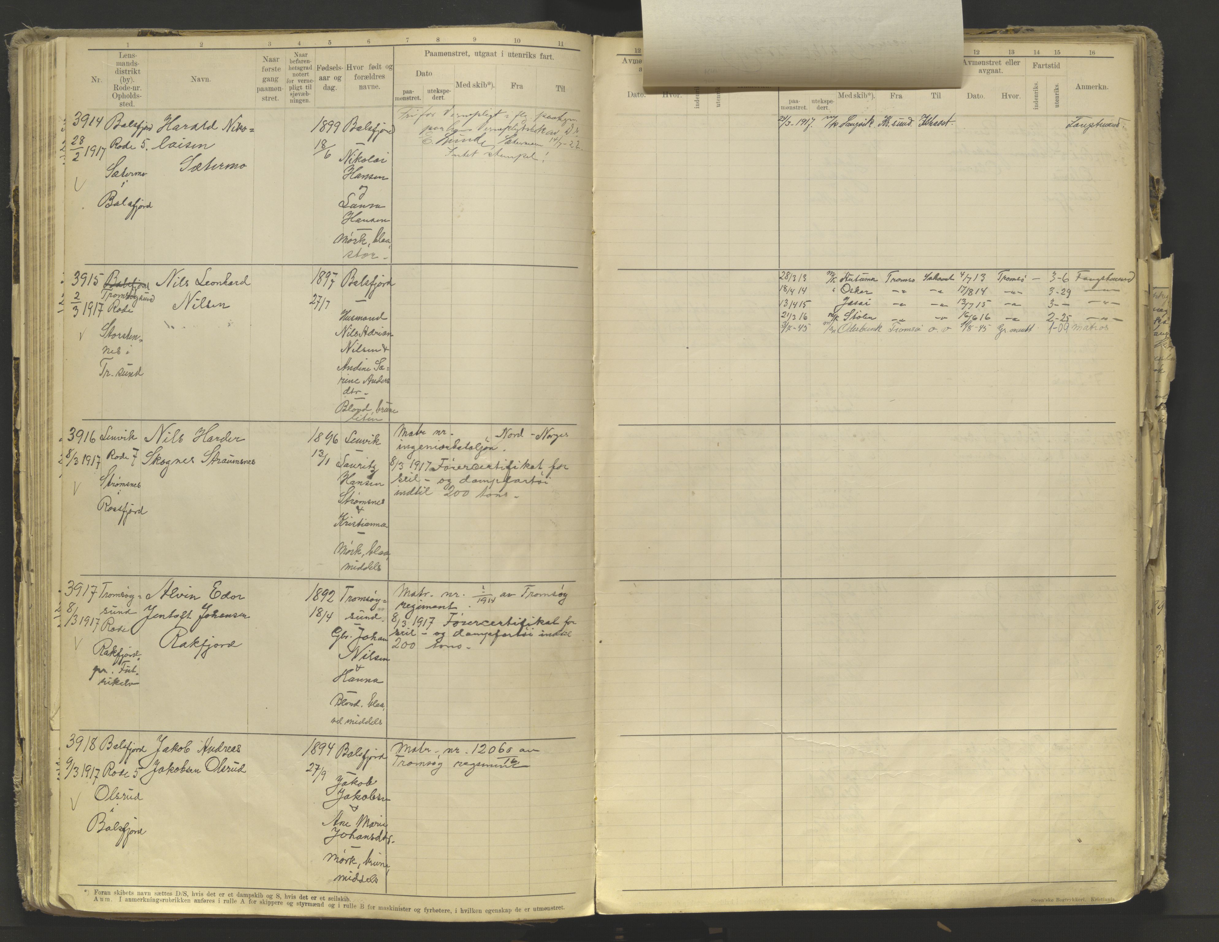 Tromsø sjømannskontor/innrullerings-/mønstringsdistrikt, AV/SATØ-S-0243/F/Fb/L0010: Annotasjonsrulle. Defekt: løs innbinding. Nr. 3519-4972, 1916-1920