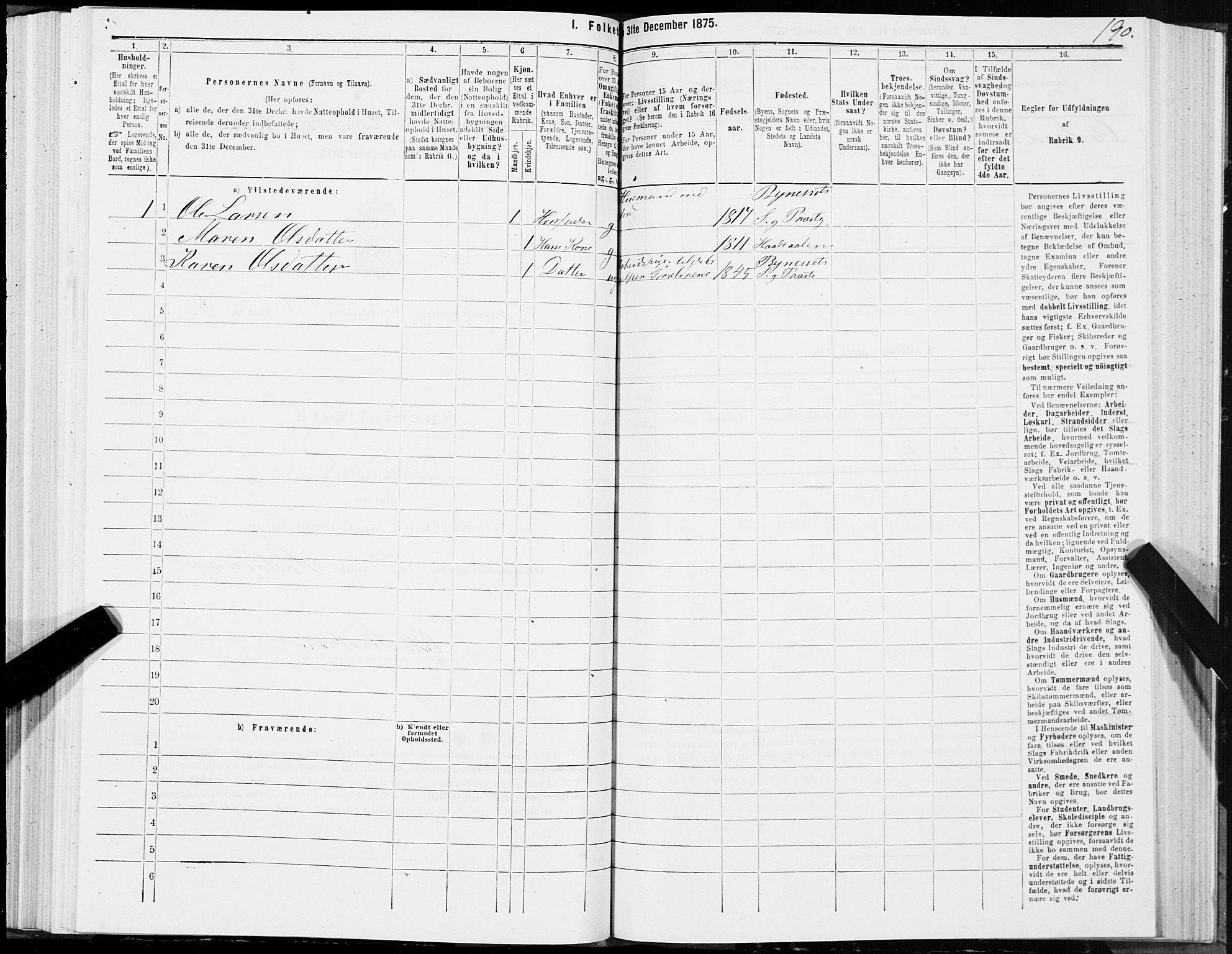 SAT, 1875 census for 1655P Byneset, 1875, p. 2190