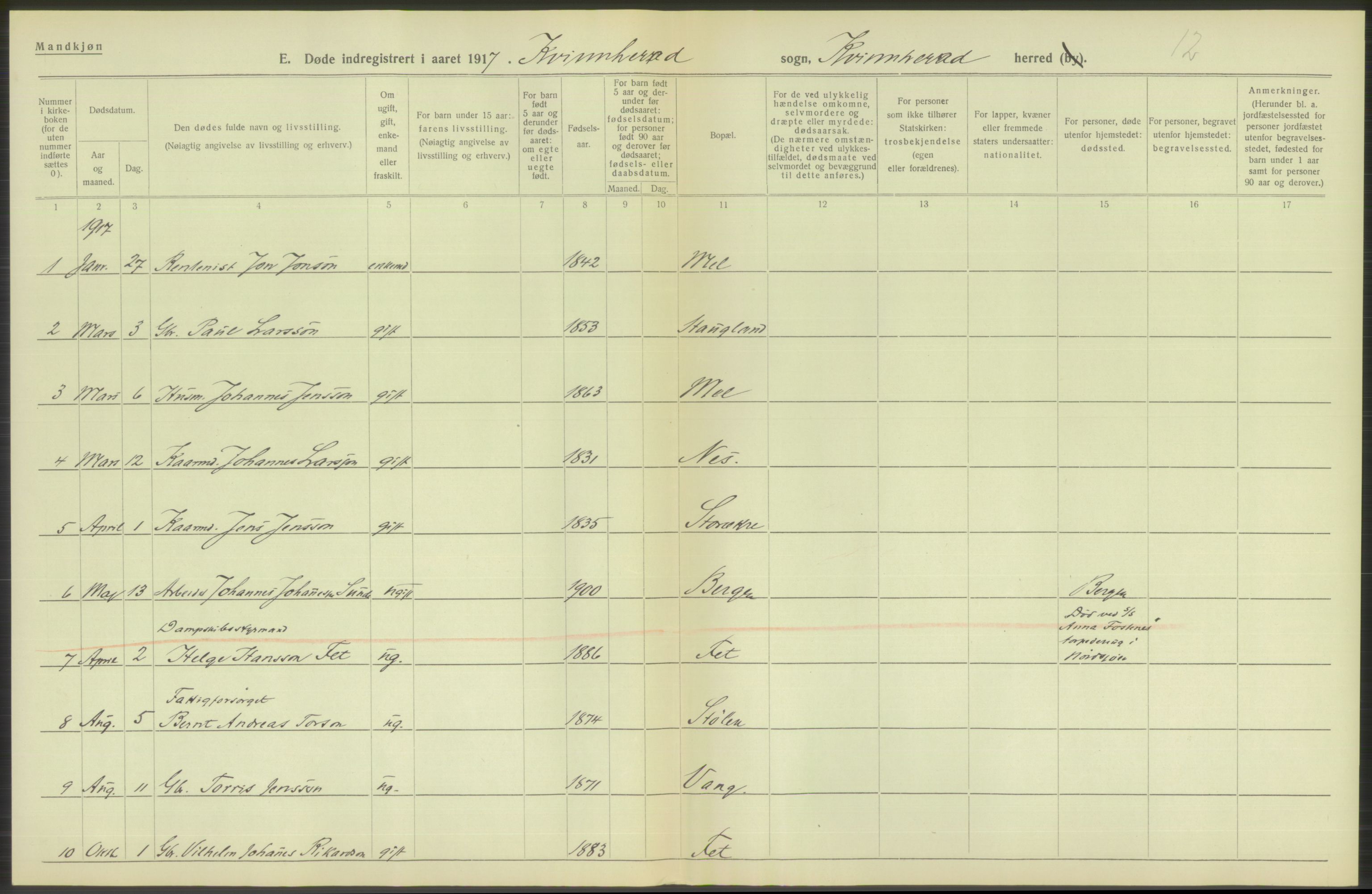 Statistisk sentralbyrå, Sosiodemografiske emner, Befolkning, AV/RA-S-2228/D/Df/Dfb/Dfbg/L0036: S. Bergenhus amt: Døde, dødfødte. Bygder., 1917, p. 190