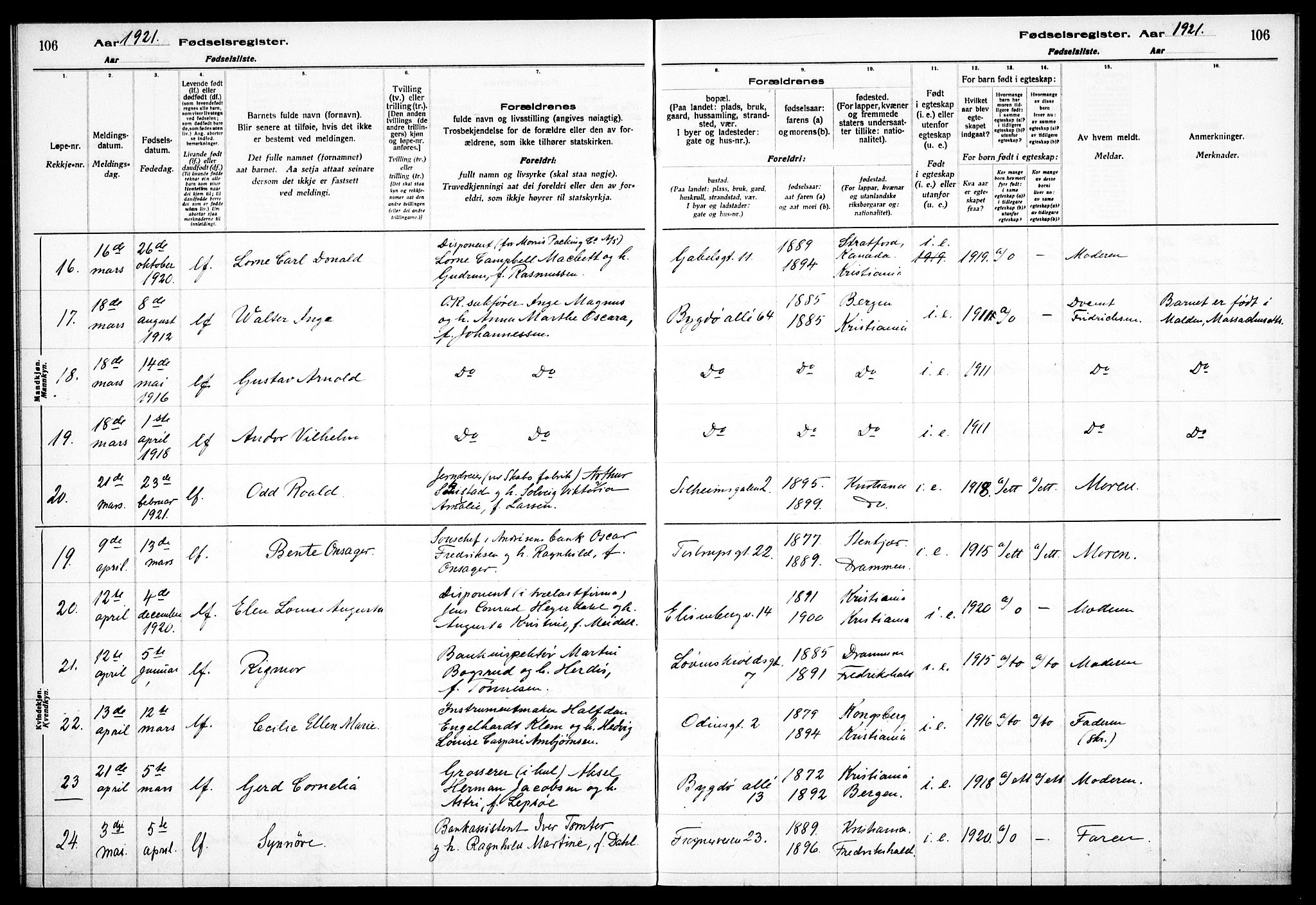 Frogner prestekontor Kirkebøker, AV/SAO-A-10886/J/Ja/L0001: Birth register no. 1, 1916-1927, p. 106