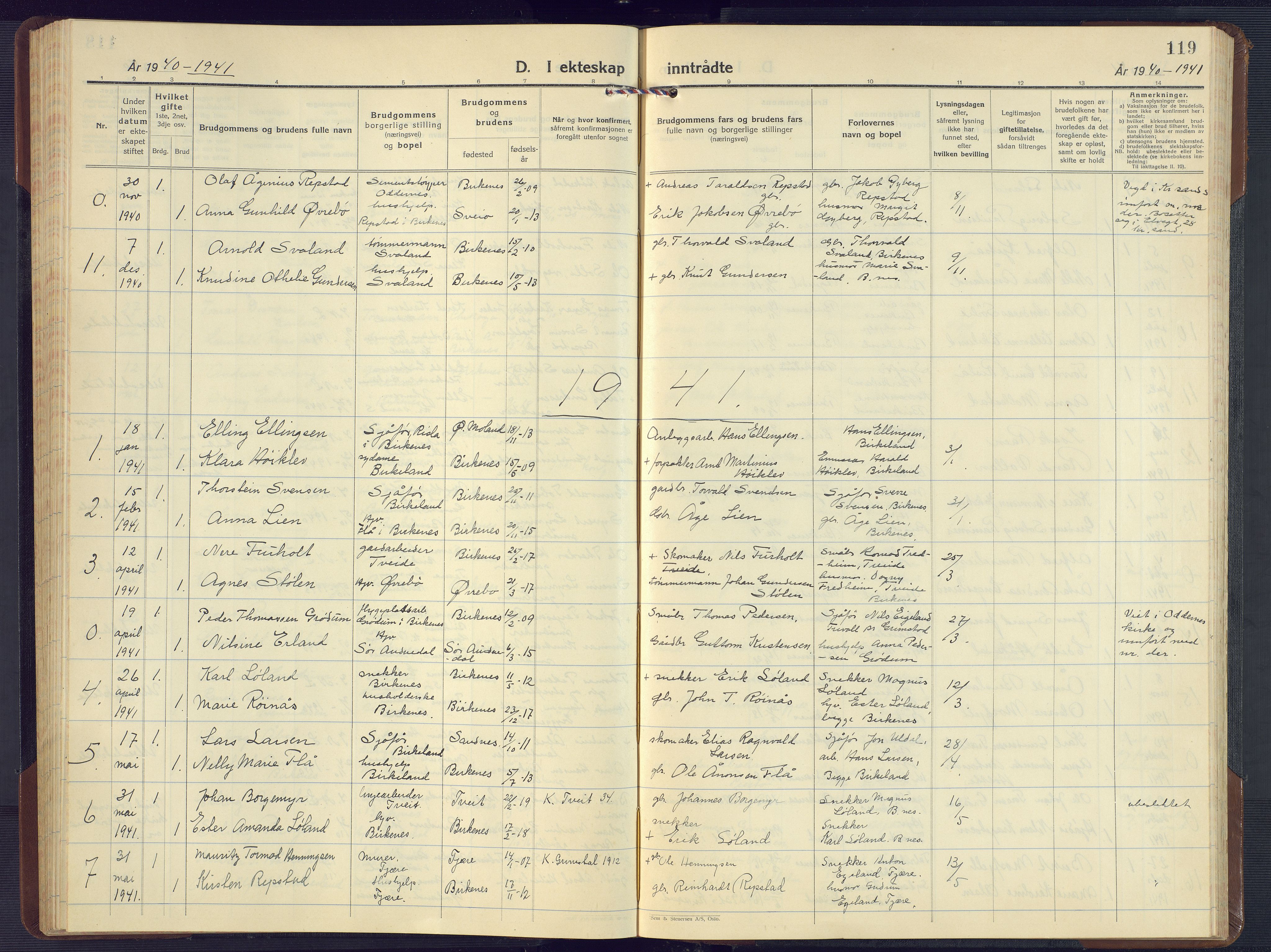 Birkenes sokneprestkontor, SAK/1111-0004/F/Fb/L0005: Parish register (copy) no. B 5, 1930-1957, p. 119