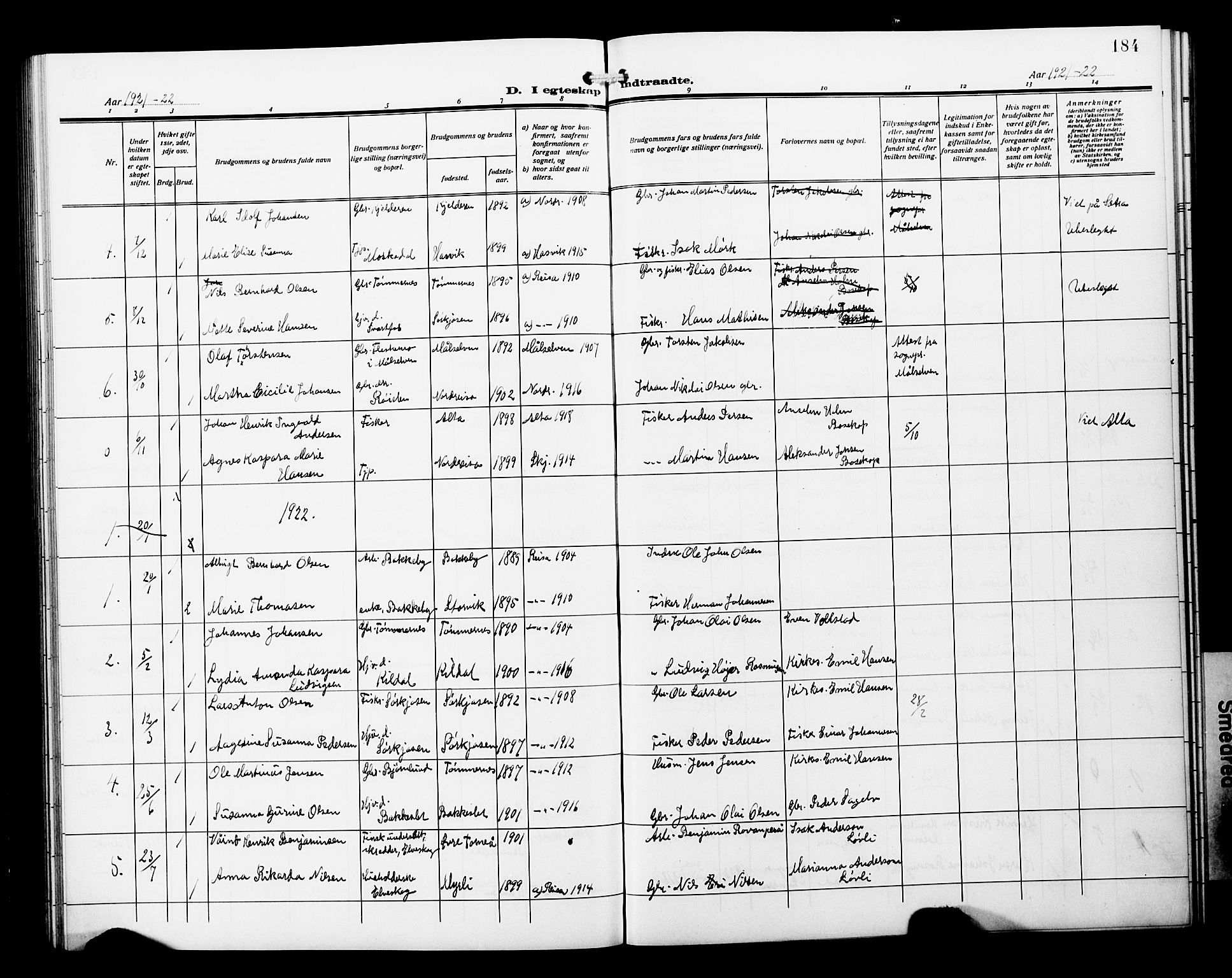 Skjervøy sokneprestkontor, SATØ/S-1300/H/Ha/Hab/L0022klokker: Parish register (copy) no. 22, 1910-1926, p. 184