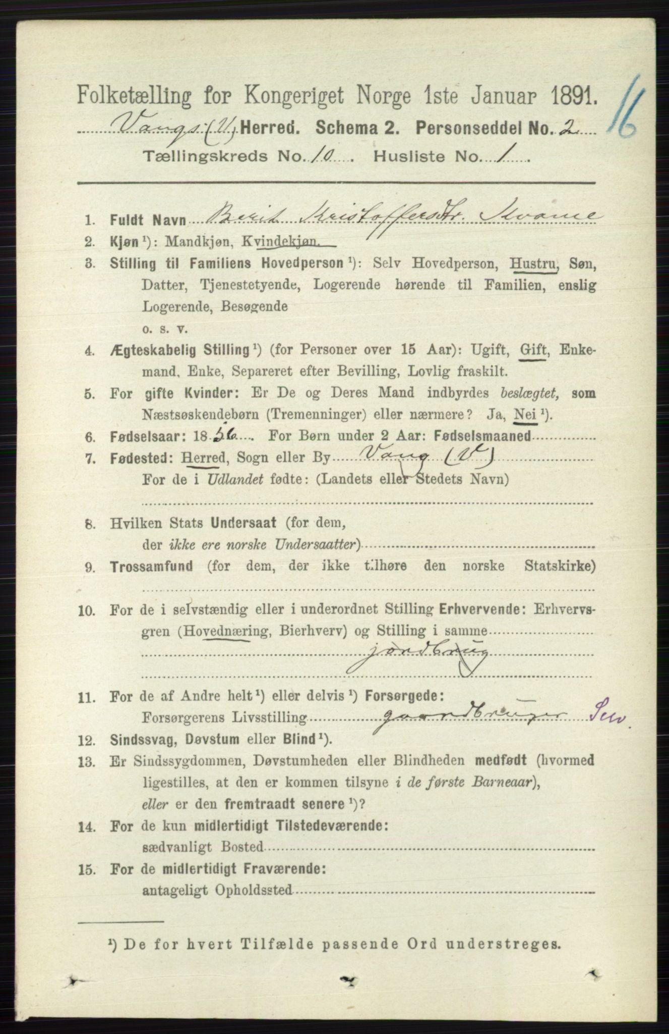 RA, 1891 census for 0545 Vang, 1891, p. 2178