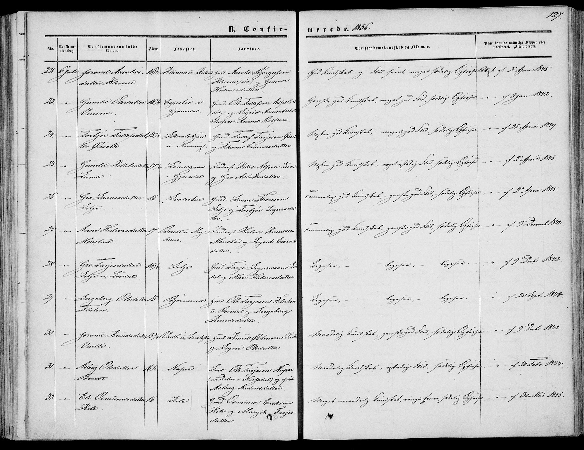 Fyresdal kirkebøker, SAKO/A-263/F/Fa/L0005: Parish register (official) no. I 5, 1855-1871, p. 127