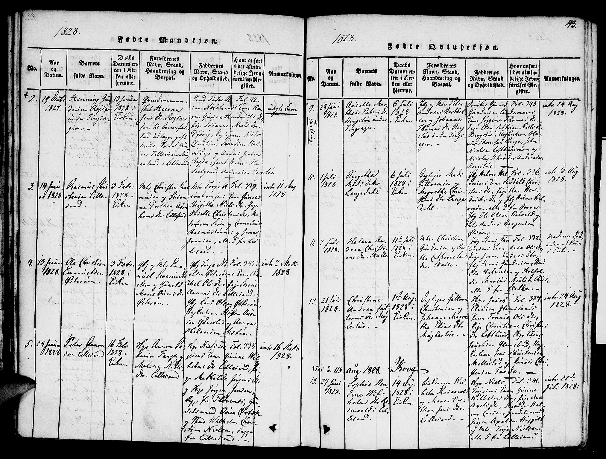 Vestre Moland sokneprestkontor, AV/SAK-1111-0046/F/Fa/Fab/L0003: Parish register (official) no. A 3, 1816-1843, p. 43