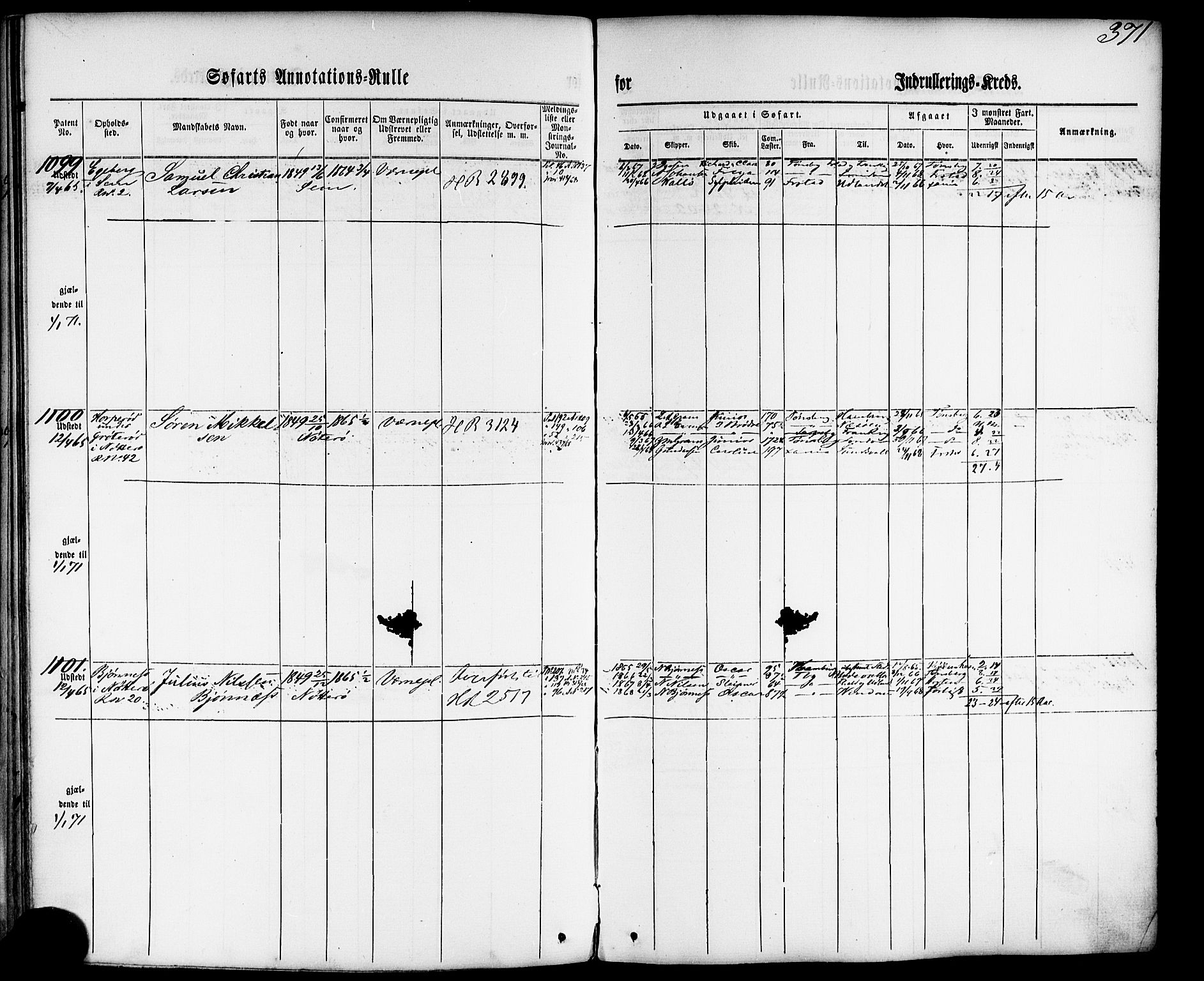 Tønsberg innrulleringskontor, SAKO/A-786/F/Fb/L0001: Annotasjonsrulle Patent nr. 1-1724, 1860-1868, p. 389