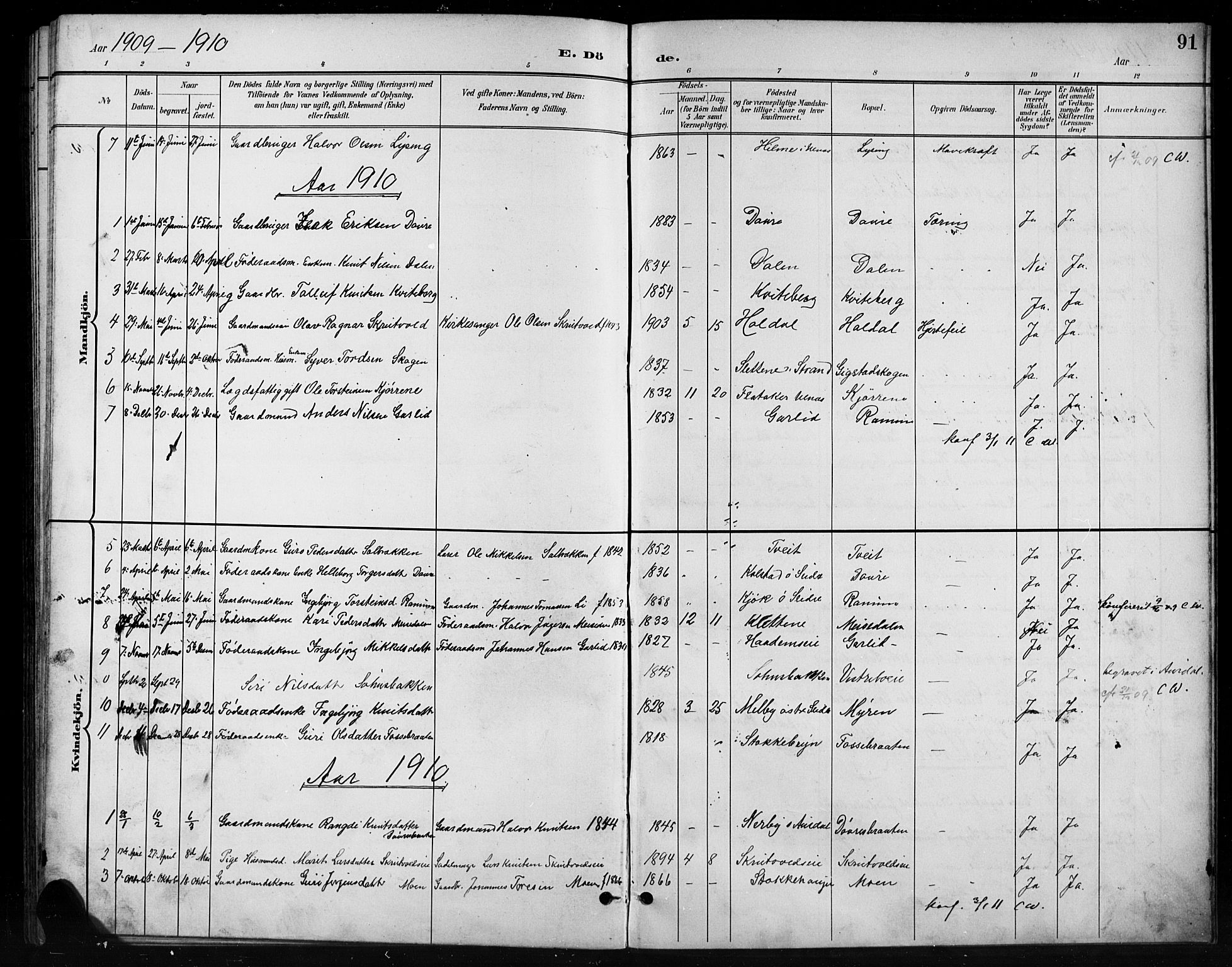 Nord-Aurdal prestekontor, SAH/PREST-132/H/Ha/Hab/L0011: Parish register (copy) no. 11, 1897-1918, p. 91