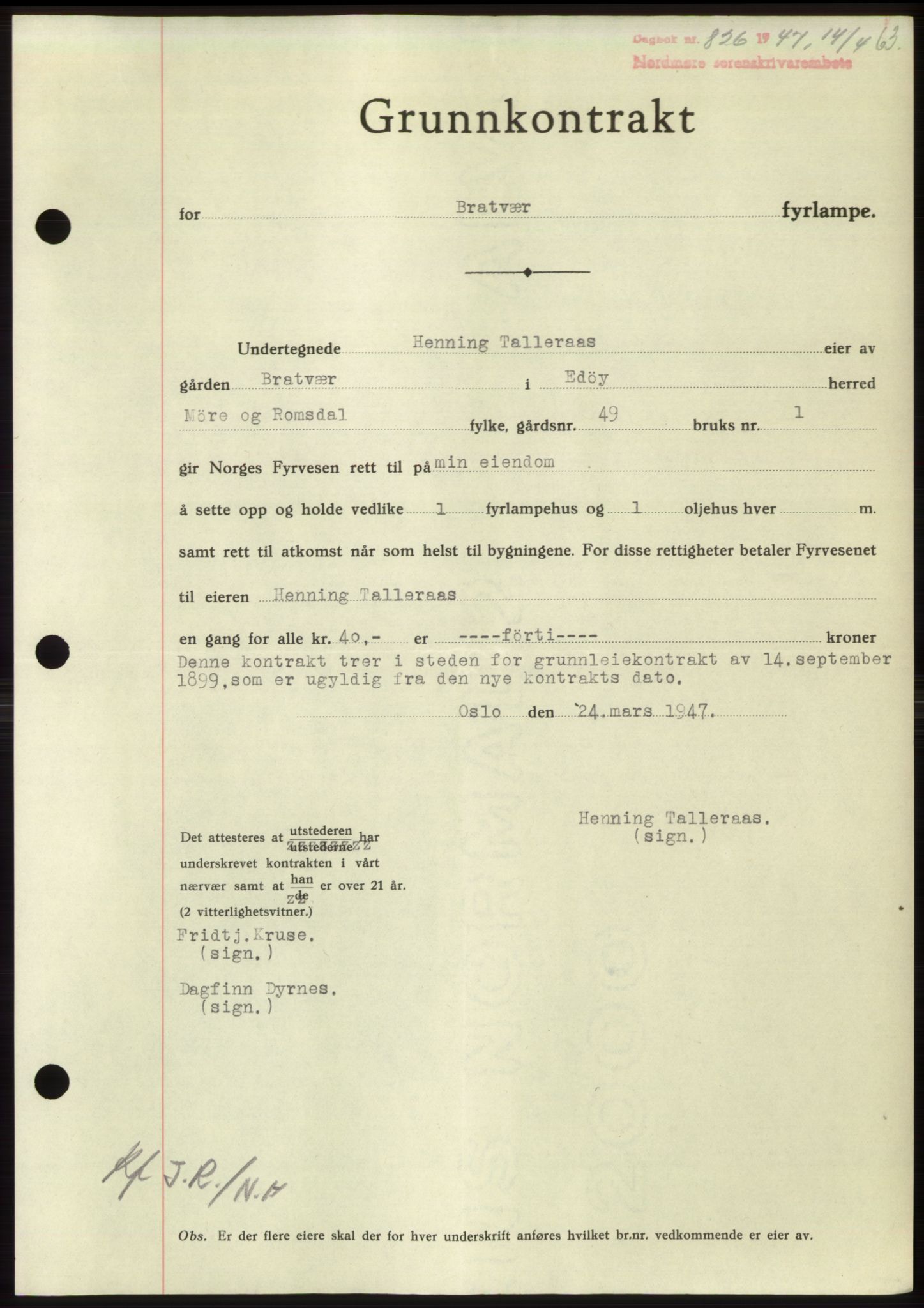 Nordmøre sorenskriveri, AV/SAT-A-4132/1/2/2Ca: Mortgage book no. B96, 1947-1947, Diary no: : 826/1947