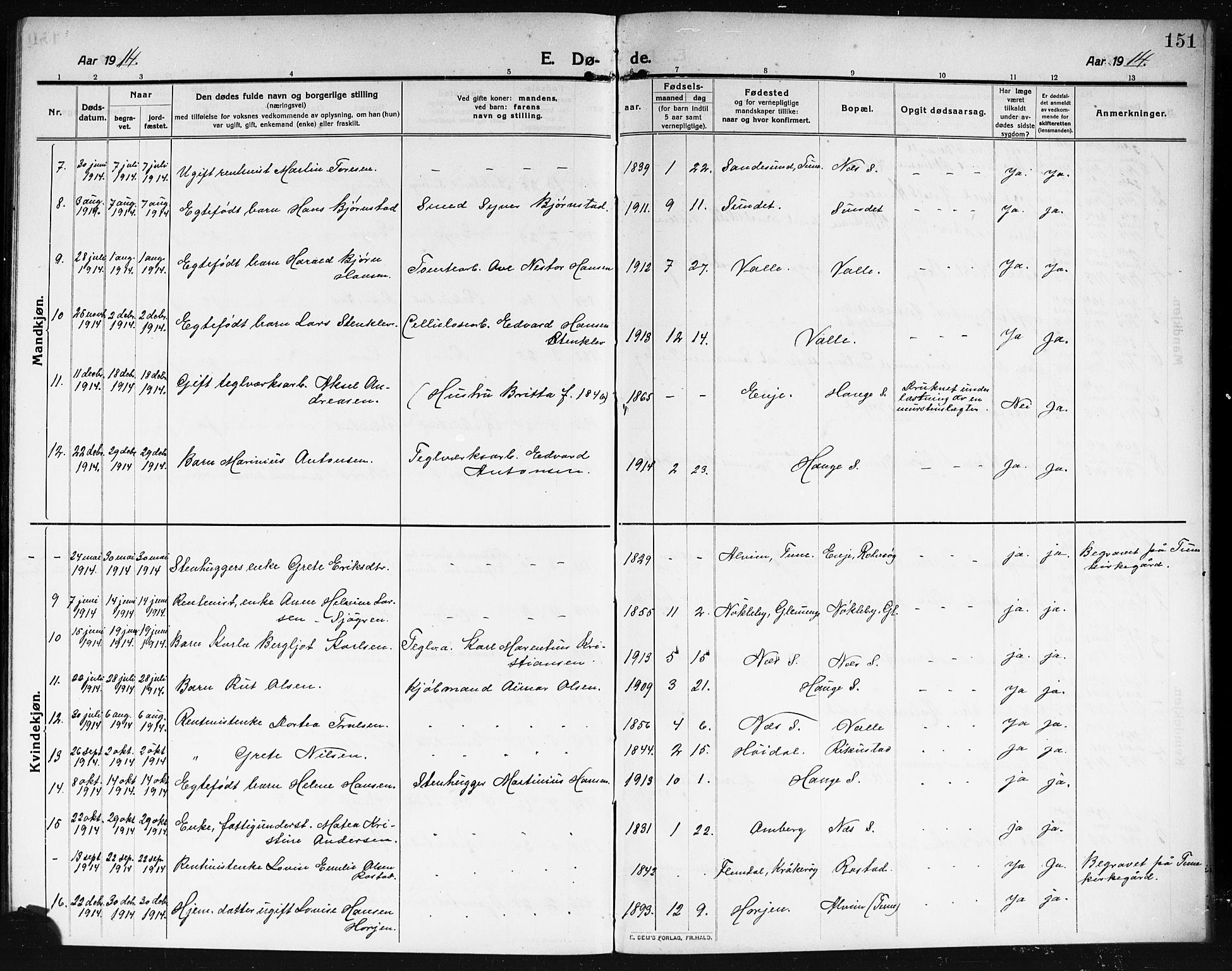 Rolvsøy prestekontor Kirkebøker, AV/SAO-A-2004/G/Ga/L0001: Parish register (copy) no. 1, 1911-1920, p. 151