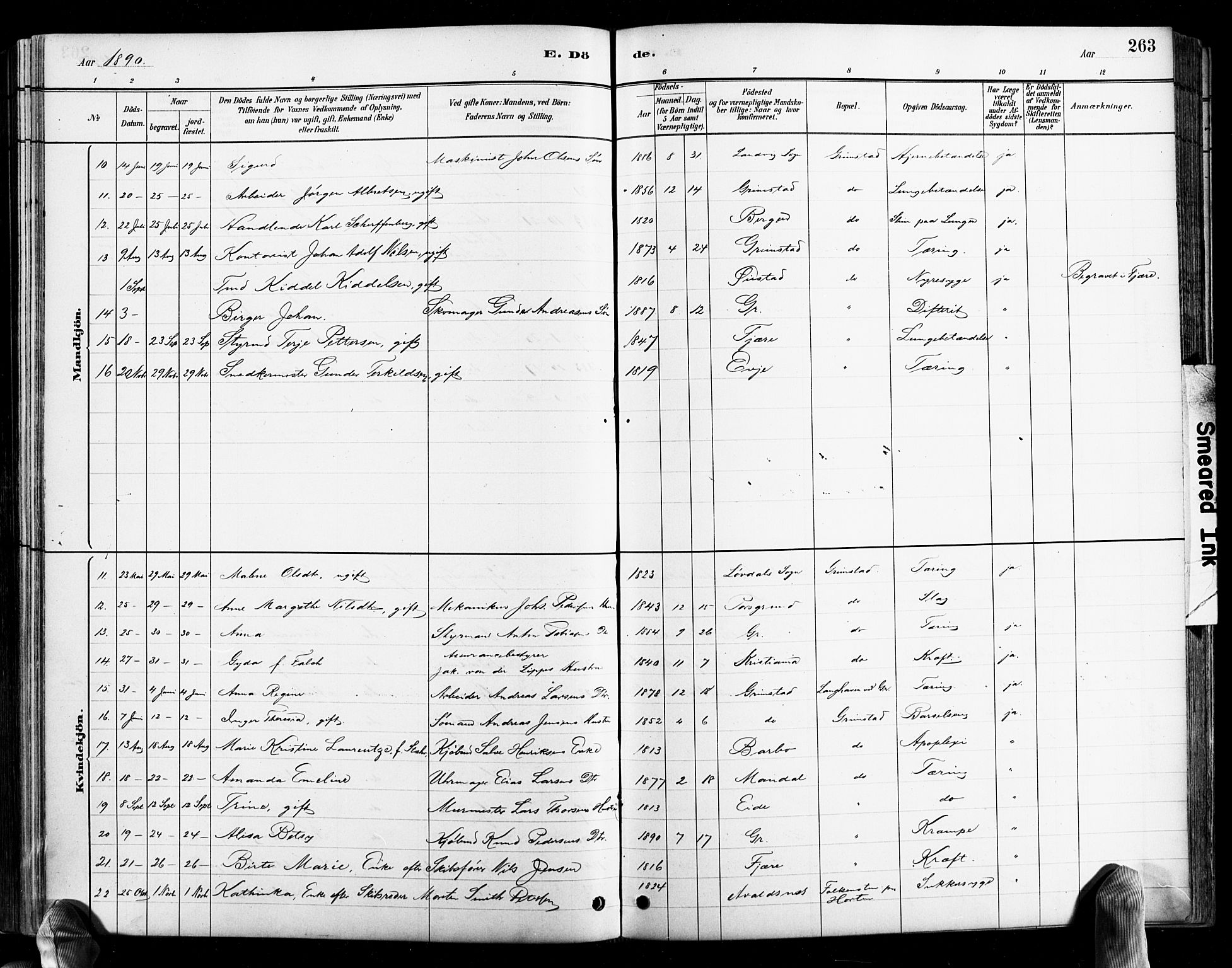 Grimstad sokneprestkontor, AV/SAK-1111-0017/F/Fb/L0001: Parish register (copy) no. B 1, 1881-1922, p. 263