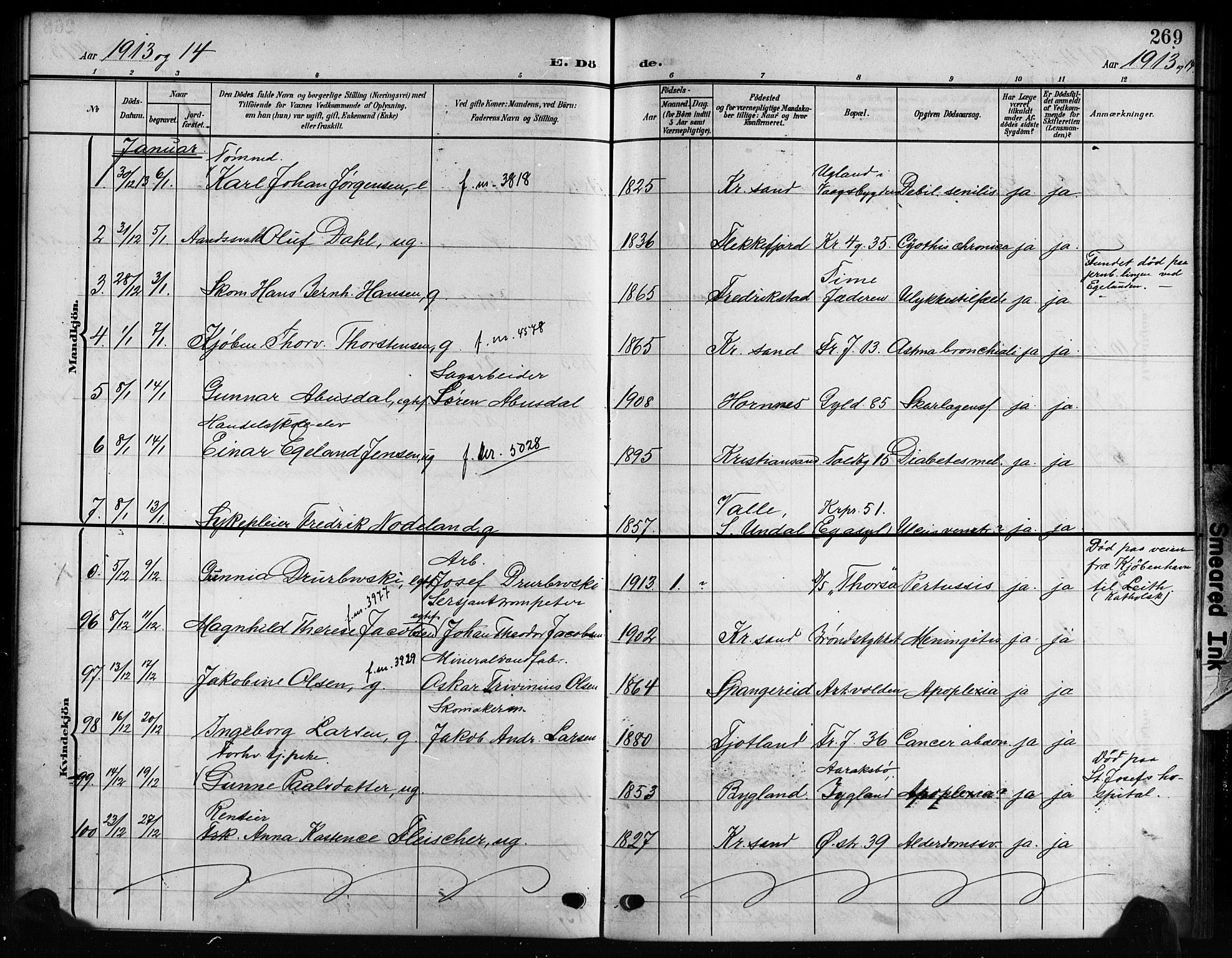 Kristiansand domprosti, SAK/1112-0006/F/Fb/L0020: Parish register (copy) no. B 20, 1906-1915, p. 269