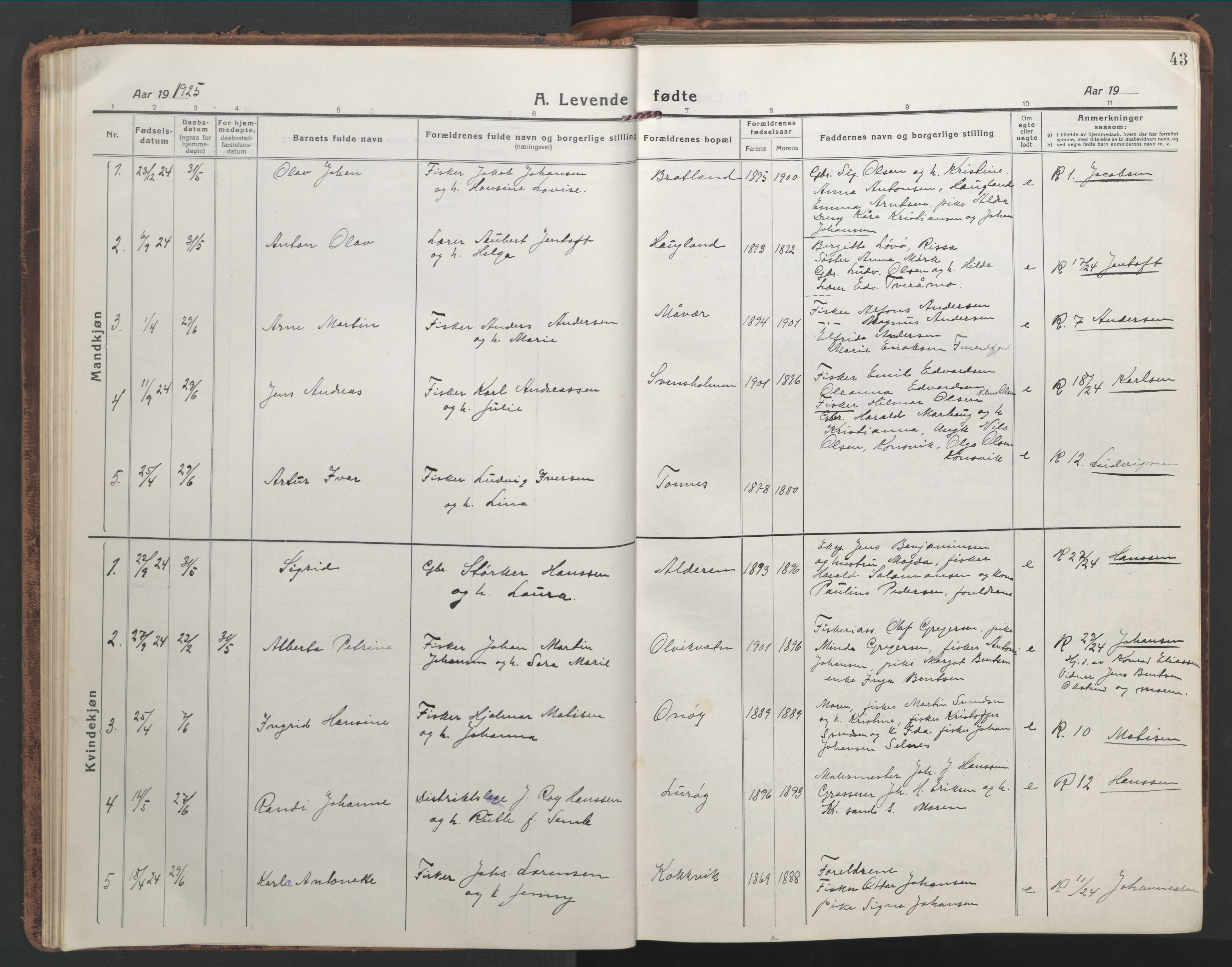 Ministerialprotokoller, klokkerbøker og fødselsregistre - Nordland, SAT/A-1459/839/L0574: Parish register (copy) no. 839C04, 1918-1950, p. 43